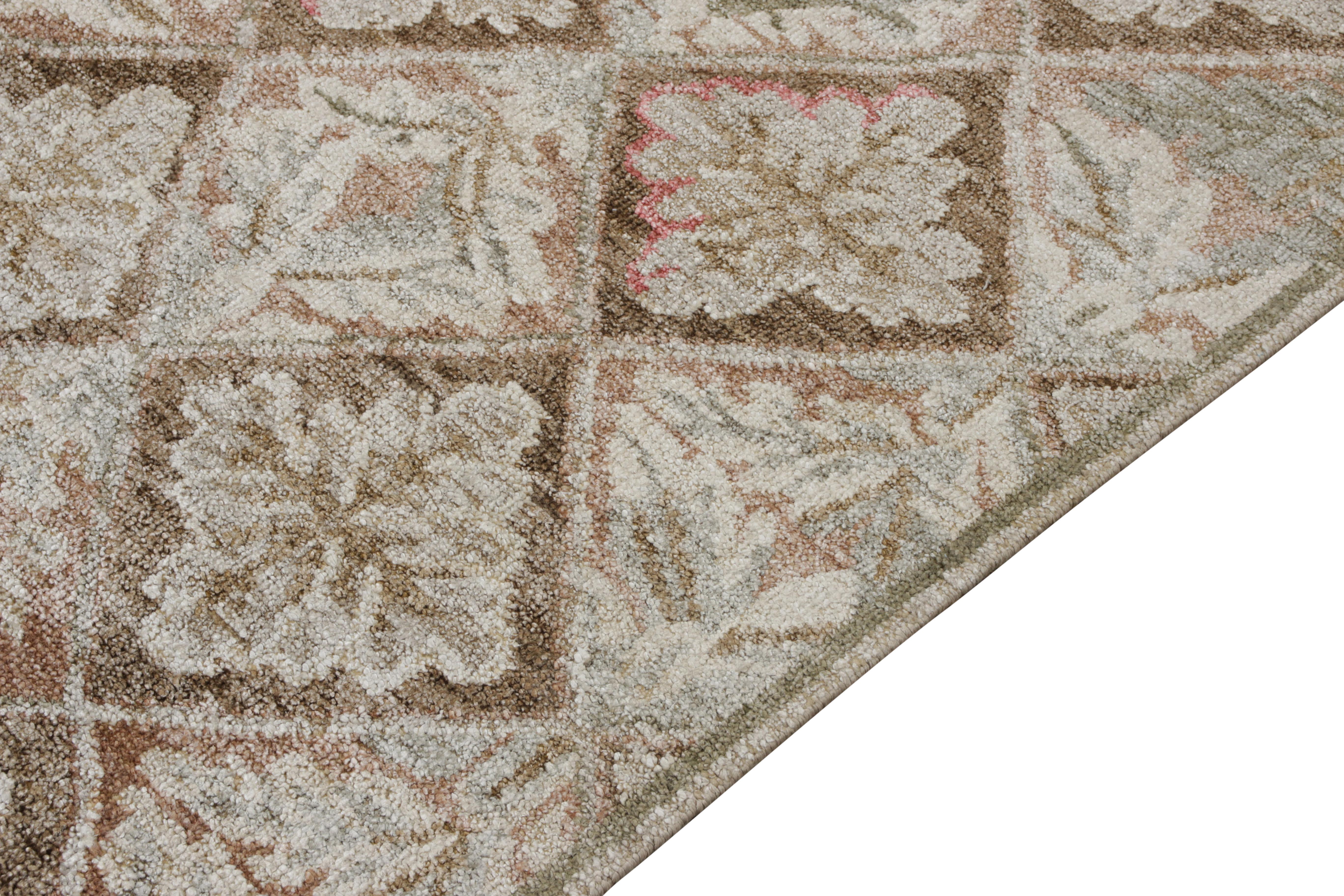 Annodato a mano Rug & Kilim - Runner francese in stile Aubusson con motivo floreale verde e beige-marrone in vendita