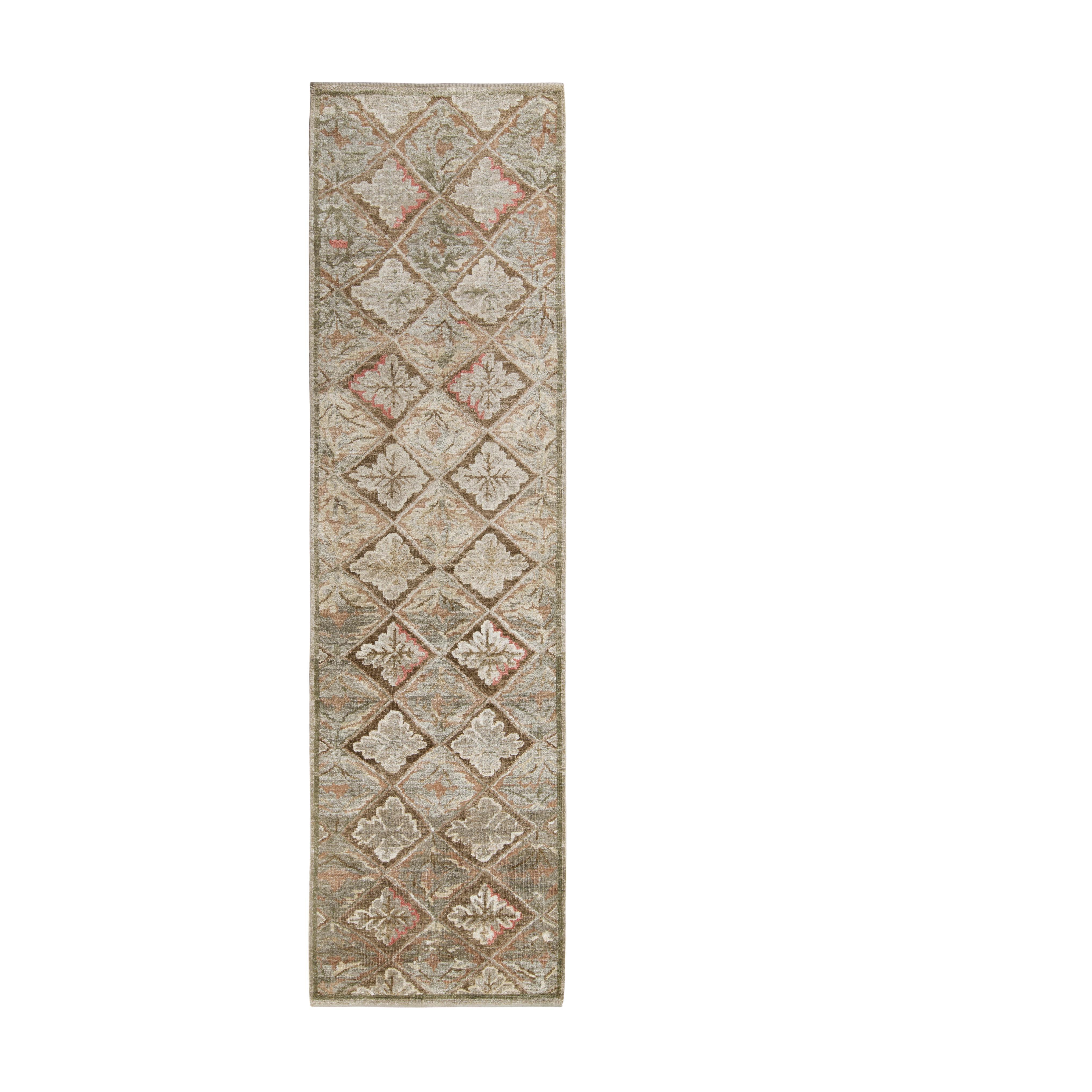 Rug & Kilim’s French Aubusson Style Runner in Green, Beige-Brown Floral Pattern For Sale