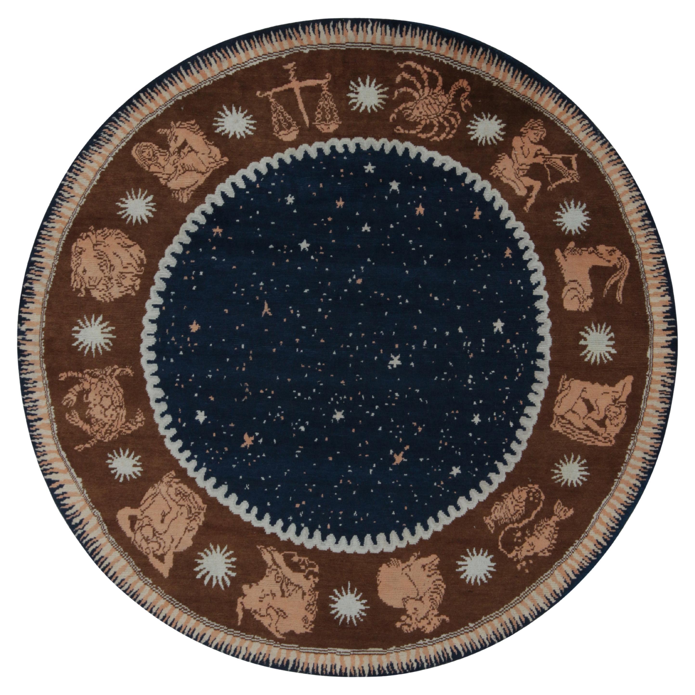 Rug & Kilim’s French Deco Style Circle Rug in Blue, Beige-Brown Zodiac Pictorial