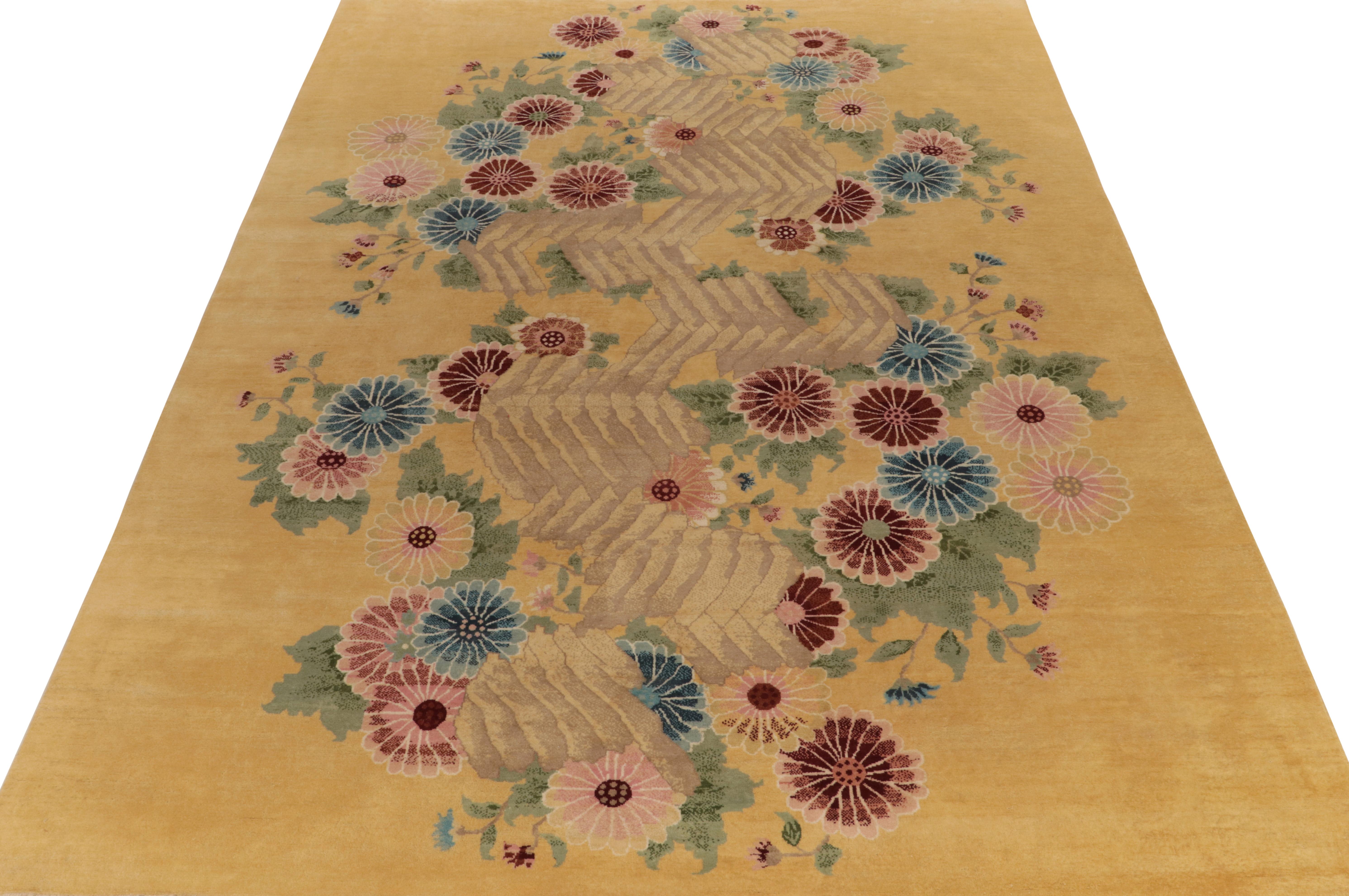 Art Deco Rug & Kilim’s French Deco Style Rug in Gold with Red and Blue Floral Patterns For Sale