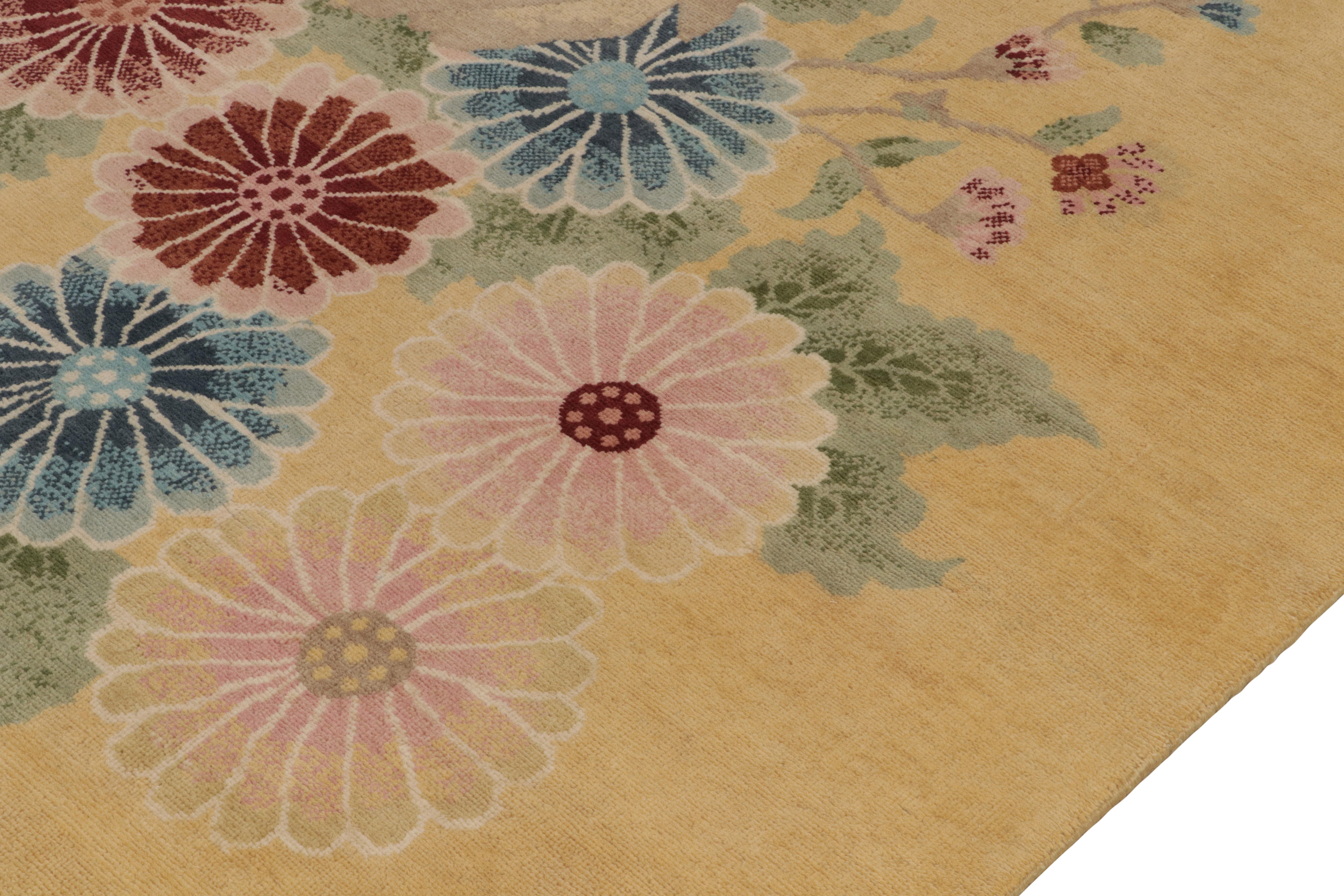 Indian Rug & Kilim’s French Deco Style Rug in Gold with Red and Blue Floral Patterns For Sale