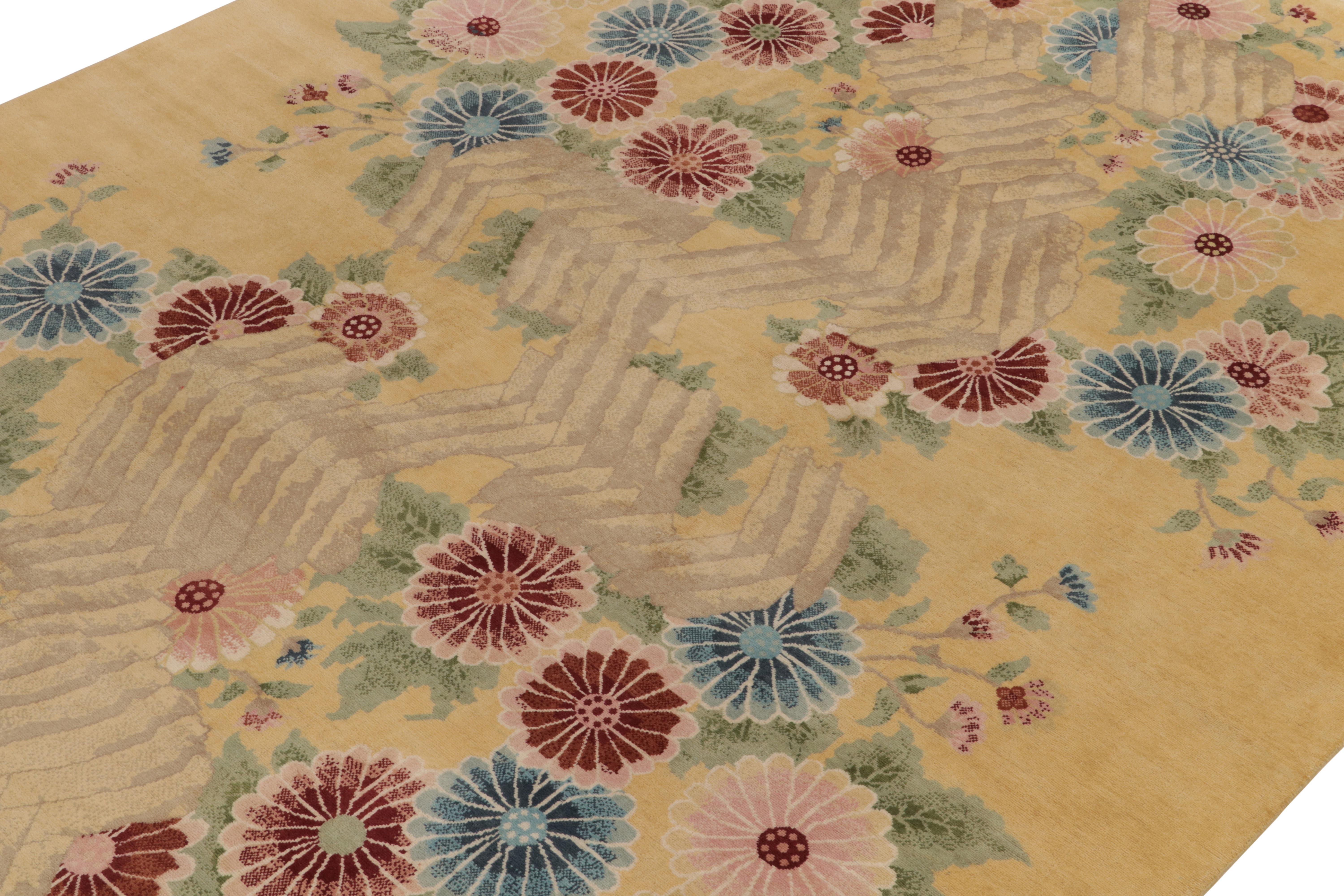 Hand-Knotted Rug & Kilim’s French Deco Style Rug in Gold with Red and Blue Floral Patterns For Sale