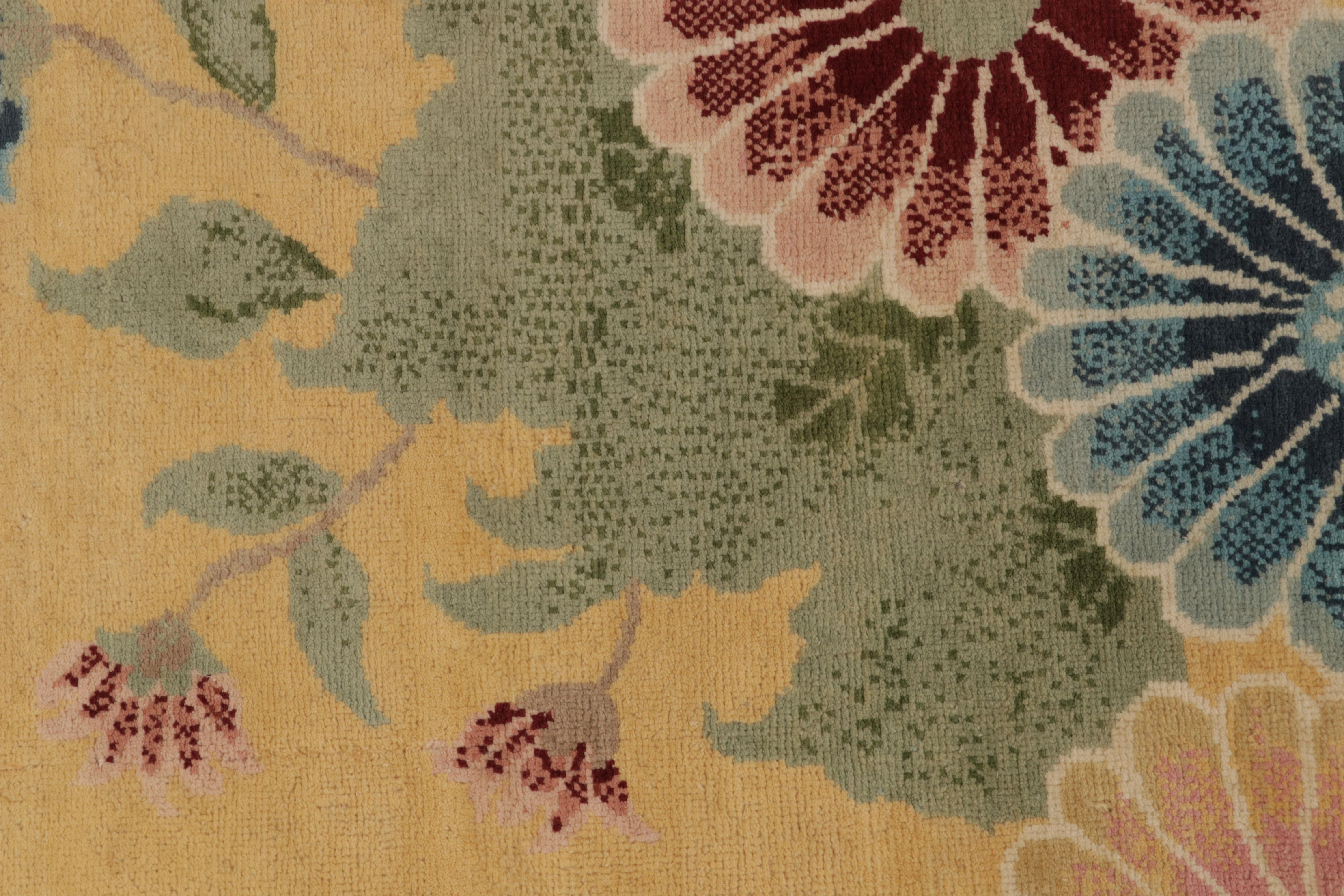 Rug & Kilim’s French Deco Style Rug in Gold with Red and Blue Floral Patterns In New Condition For Sale In Long Island City, NY