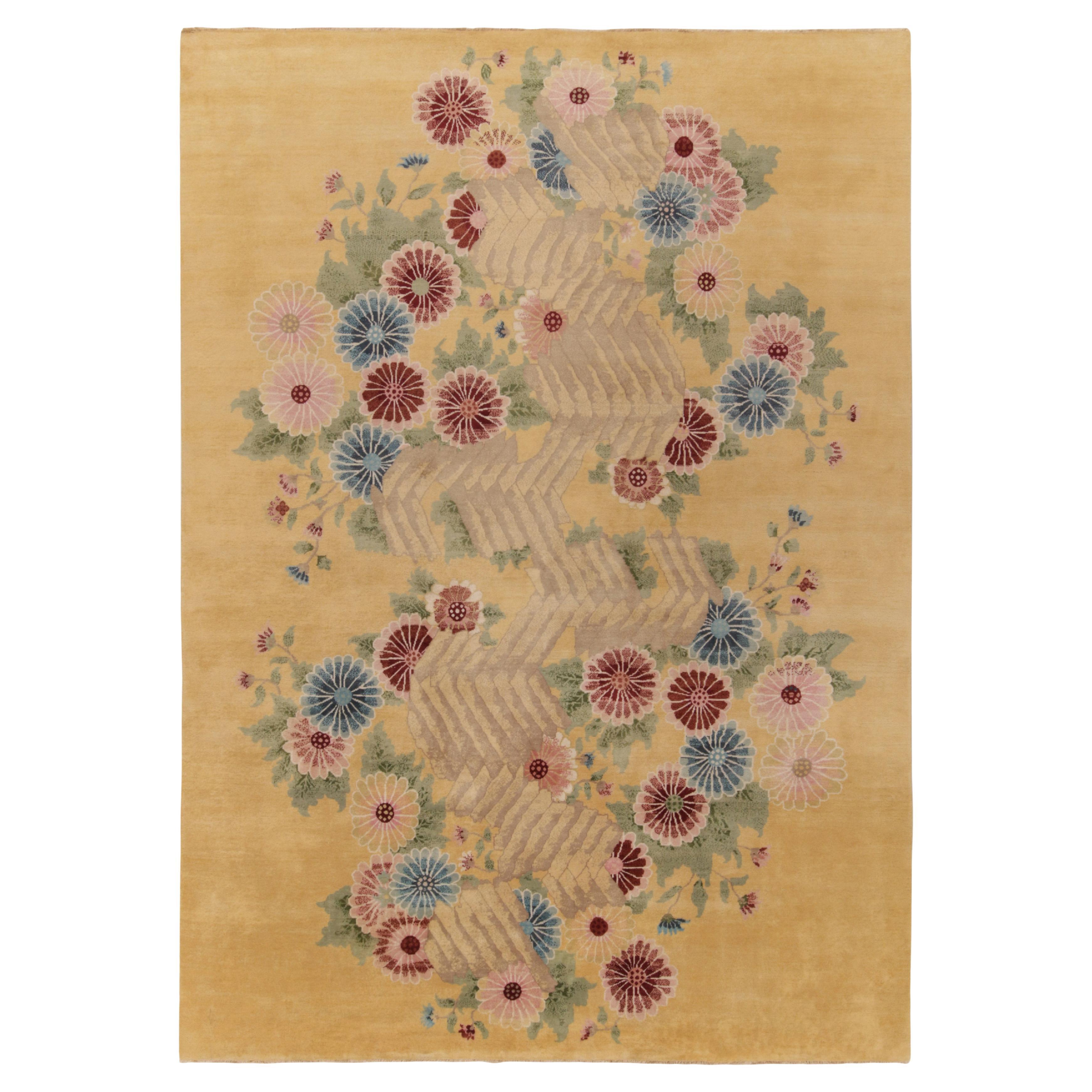 Rug & Kilim’s French Deco Style Rug in Gold with Red and Blue Floral Patterns For Sale