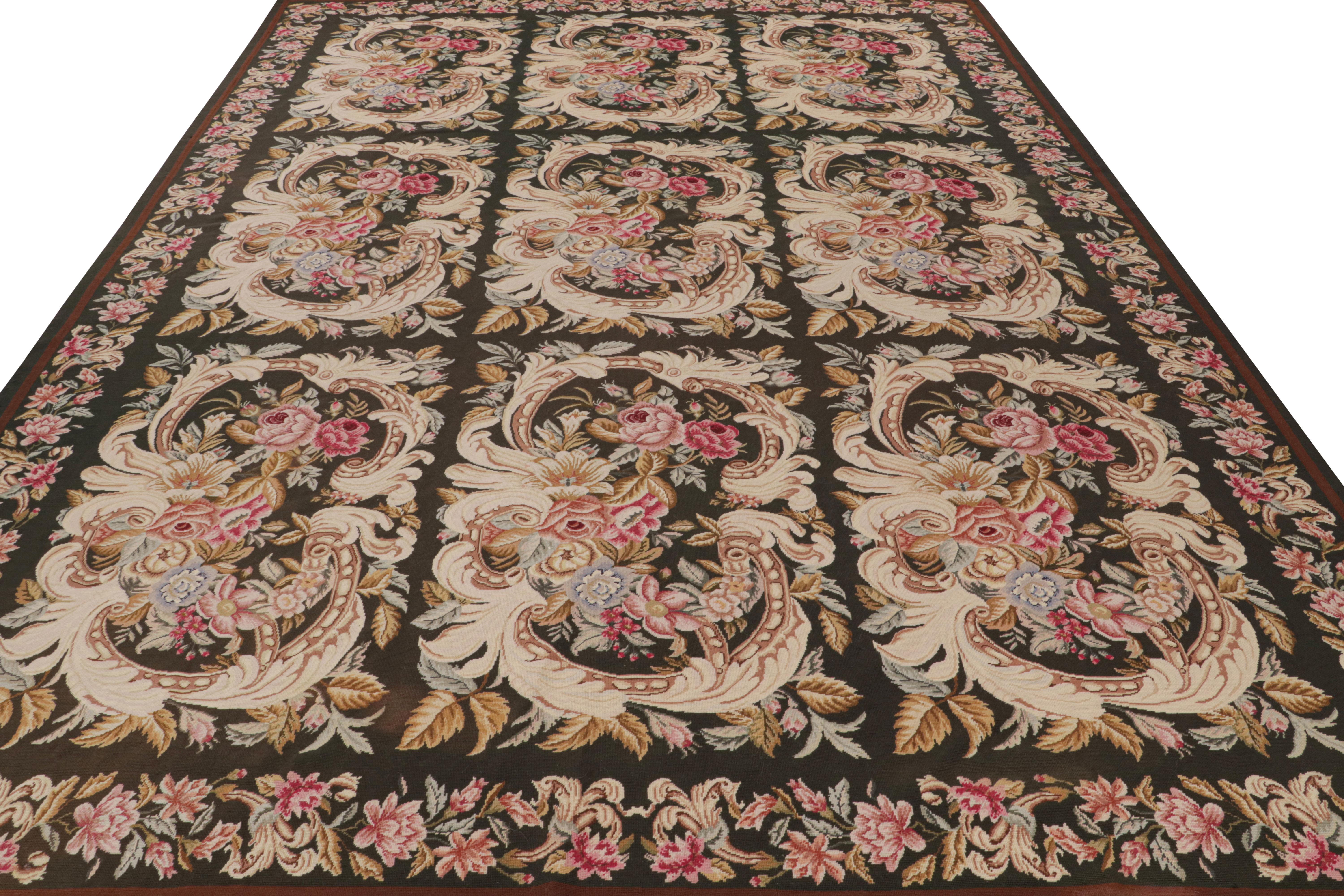 Scandinavian Modern Rug & Kilim’s French Needlepoint Rug in Rich Brown With All-Over Floral Patterns For Sale