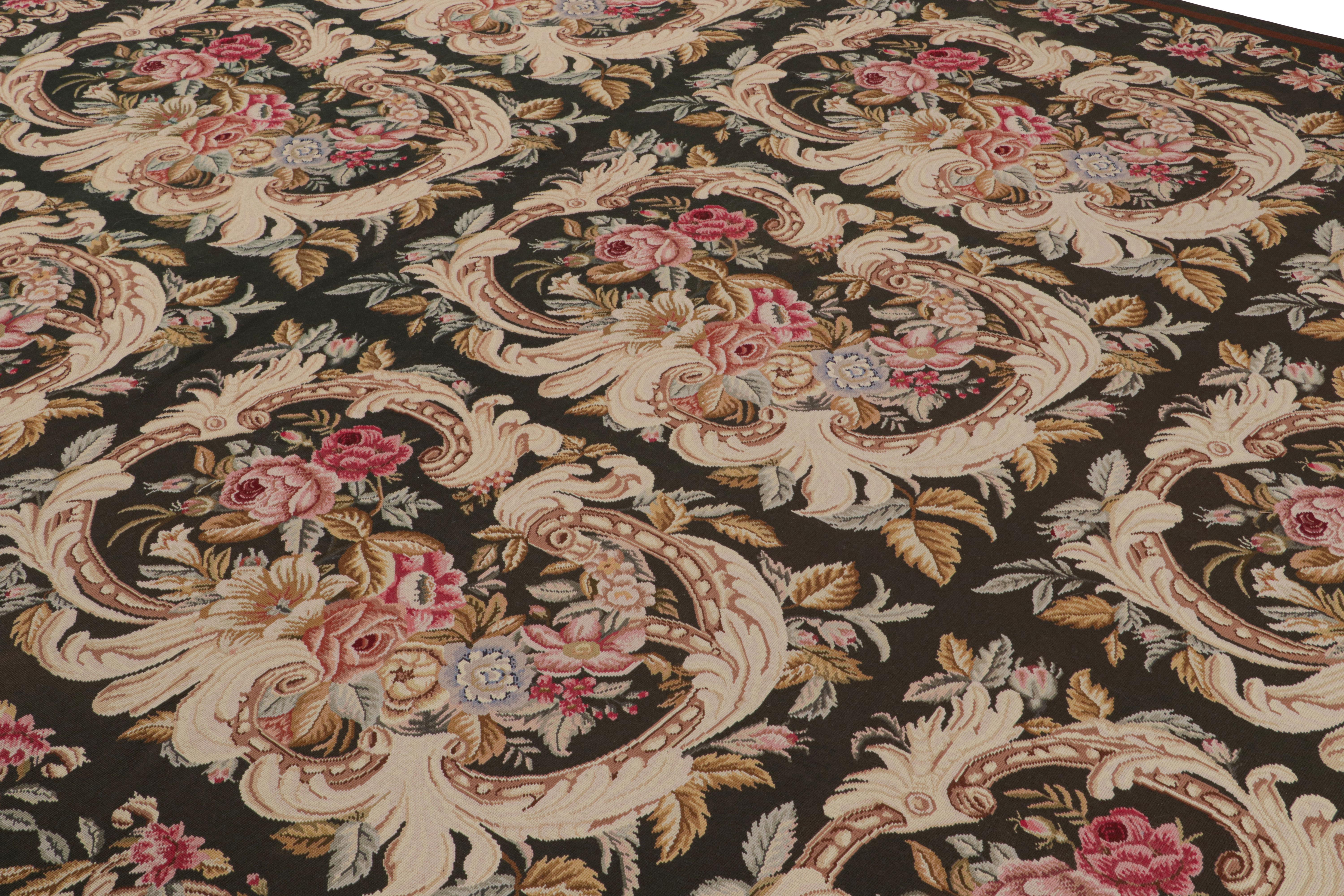 Chinese Rug & Kilim’s French Needlepoint Rug in Rich Brown With All-Over Floral Patterns For Sale