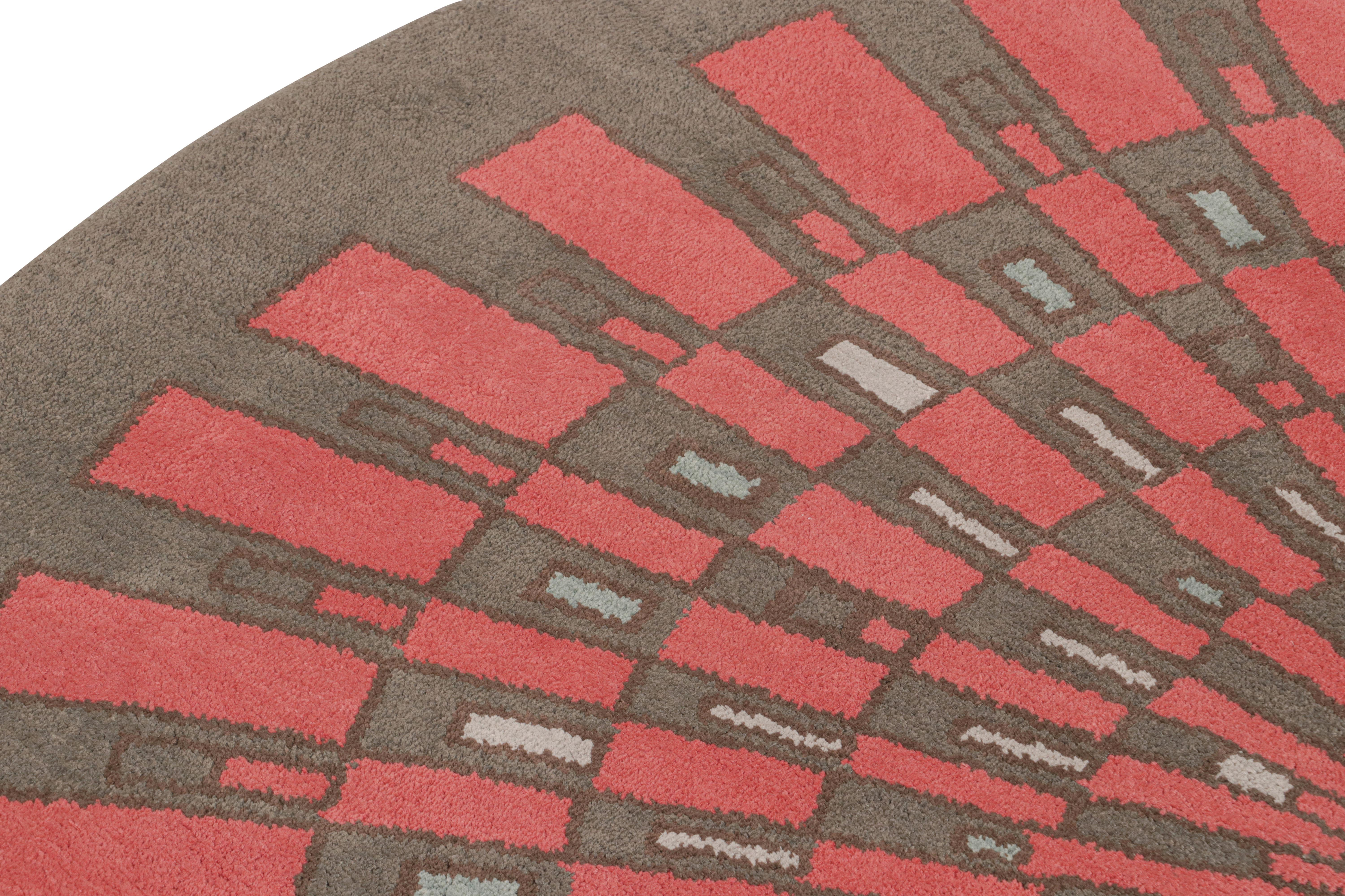 Hand-Knotted Rug & Kilim’s French Style Art Deco Circle Rug In Red And Gray Geometric Pattern For Sale