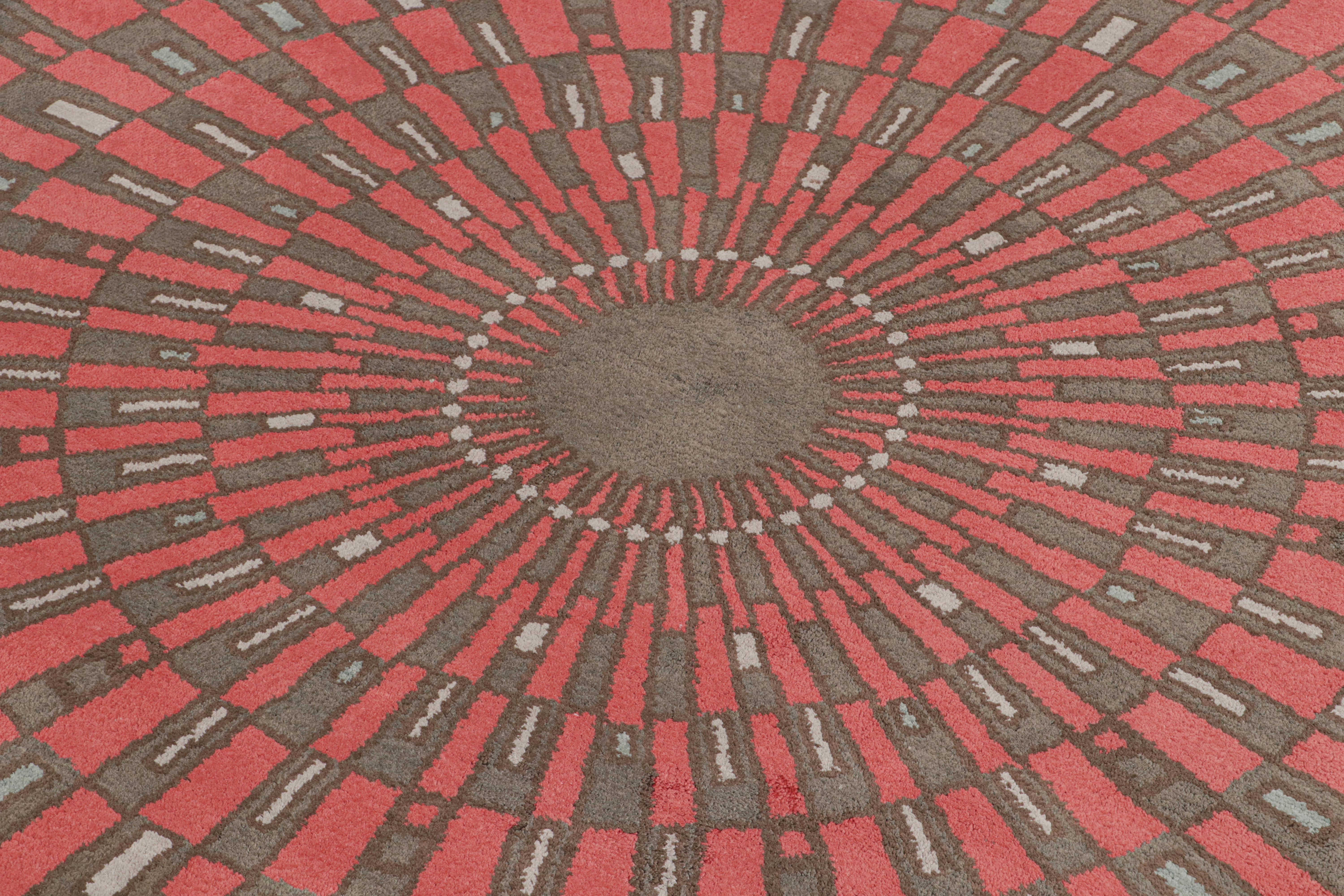 Indian Rug & Kilim’s French Style Art Deco Circle Rug In Red And Gray Geometric Pattern For Sale