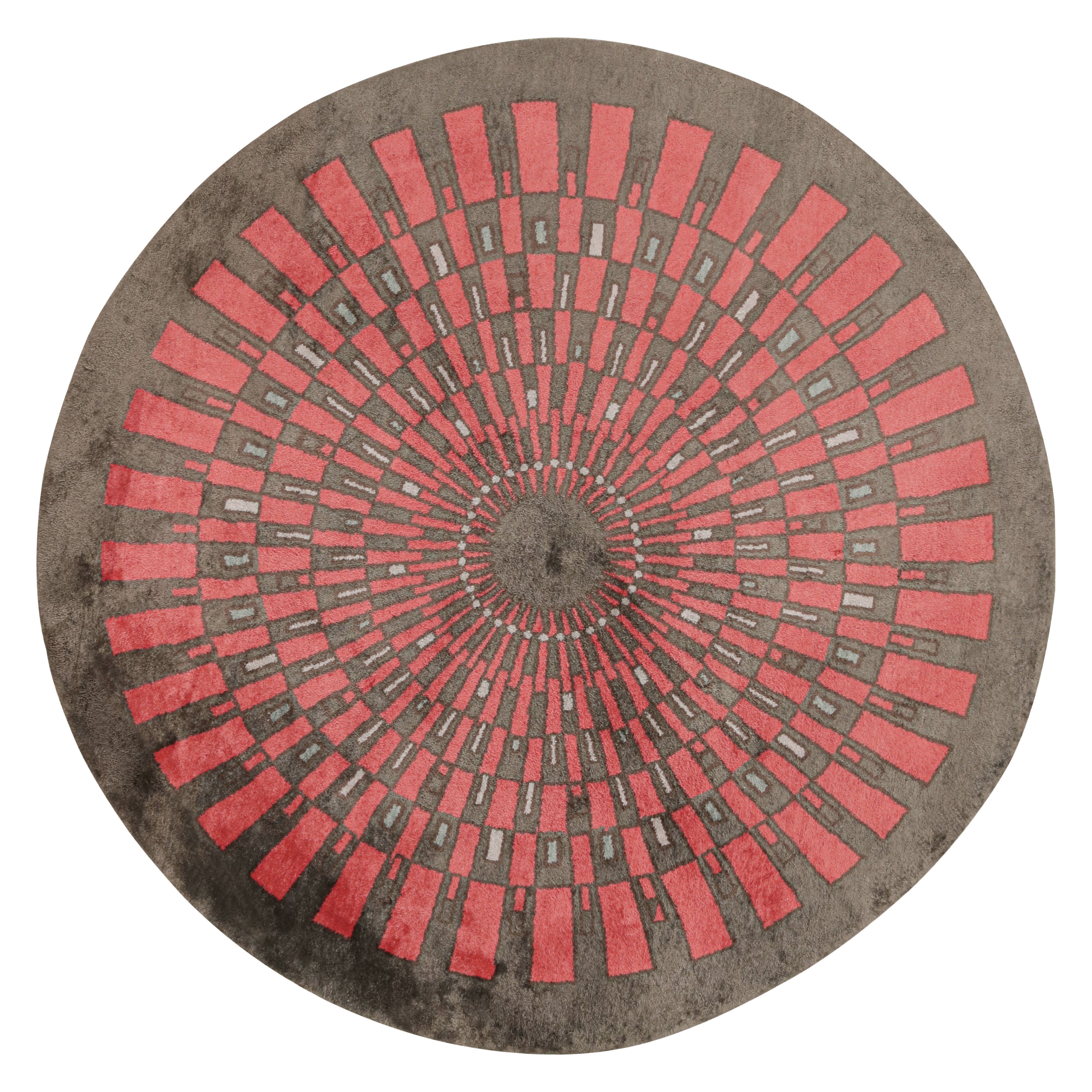 Rug & Kilim - Tappeto a cerchio in stile Art Deco francese con motivo geometrico rosso e grigio in vendita