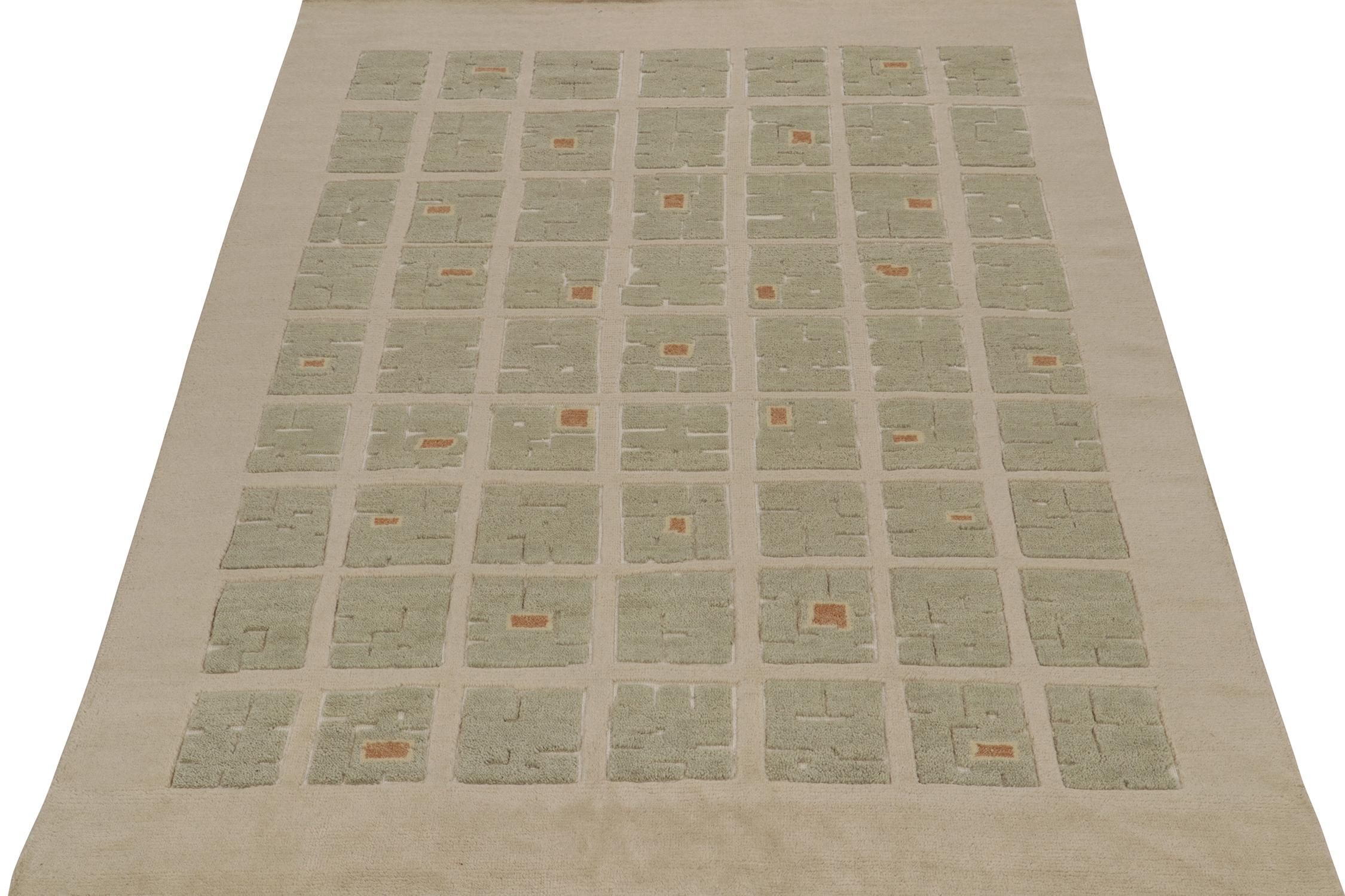 Tribal Rug & Kilim’s French Style Art Deco Rug in Beige & Green High-Low Square Pattern For Sale