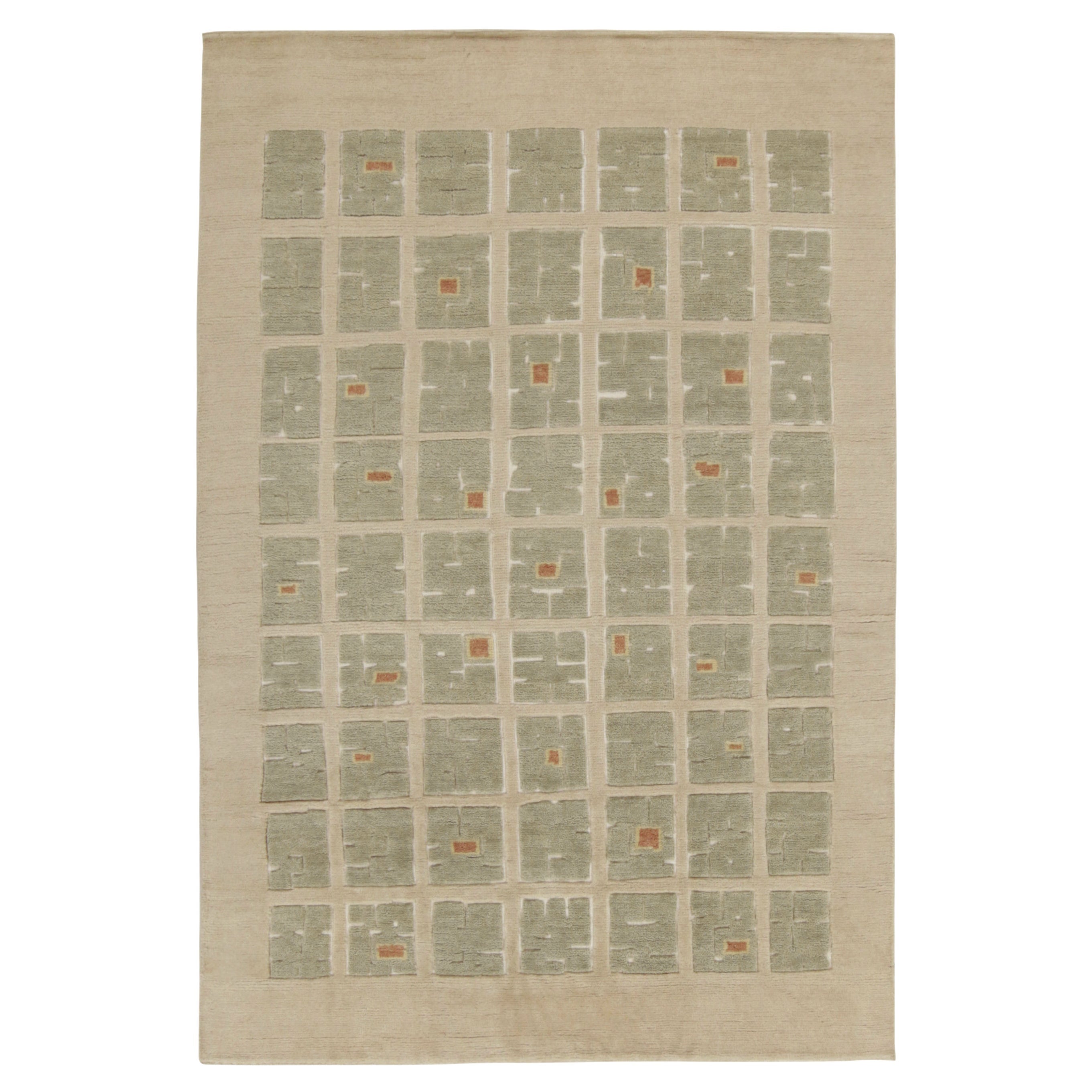 Rug & Kilim's French Style Deco Teppich in Beige und Grün mit quadratischem Hoch-Tief-Muster