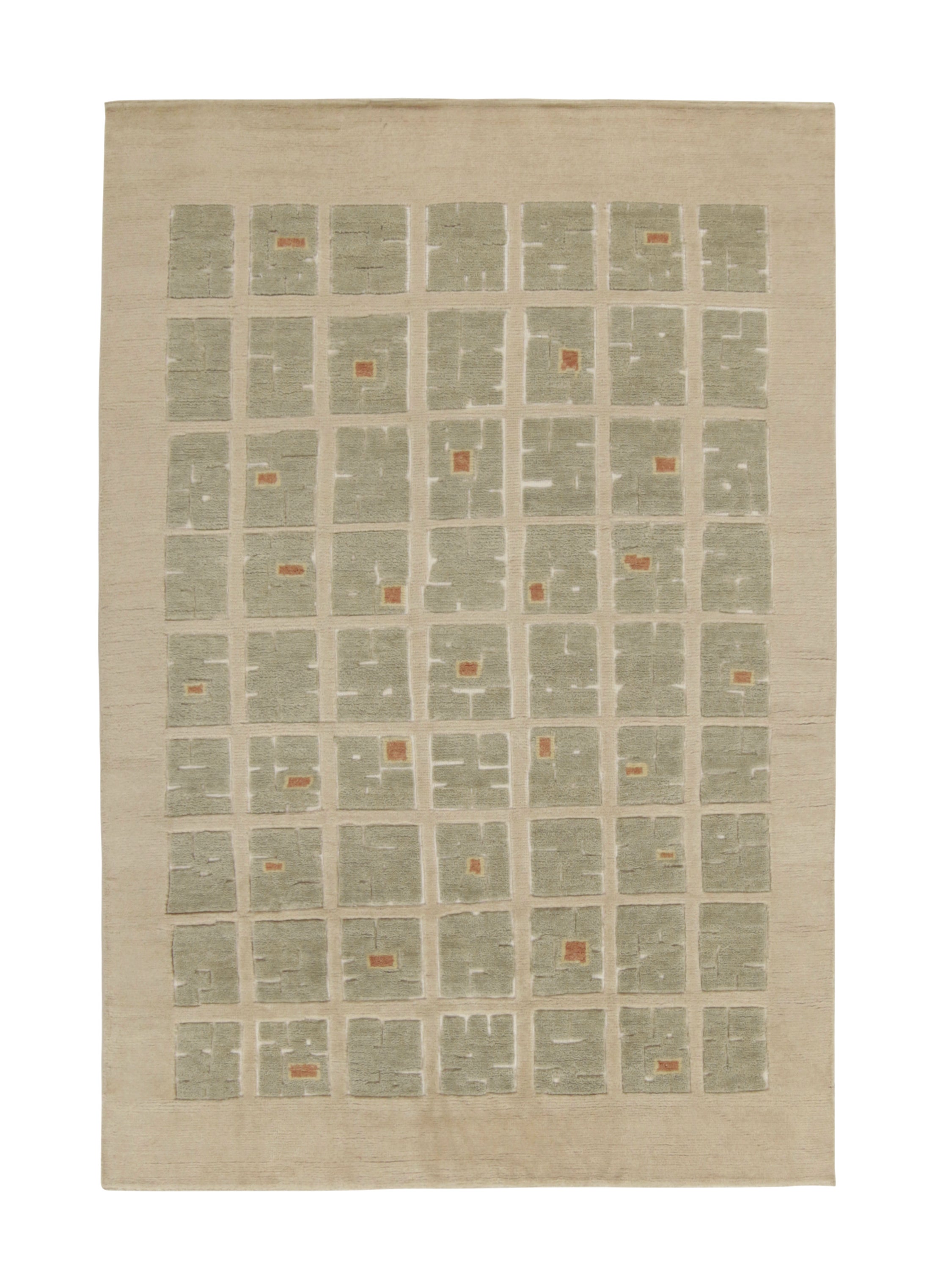 Rug & Kilim’s French Style Art Deco Rug in Beige & Green High-Low Square Pattern For Sale