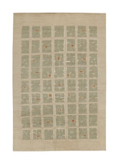 Tapis et tapis Art Déco français de style Kilim à motif carré beige et vert à bascule