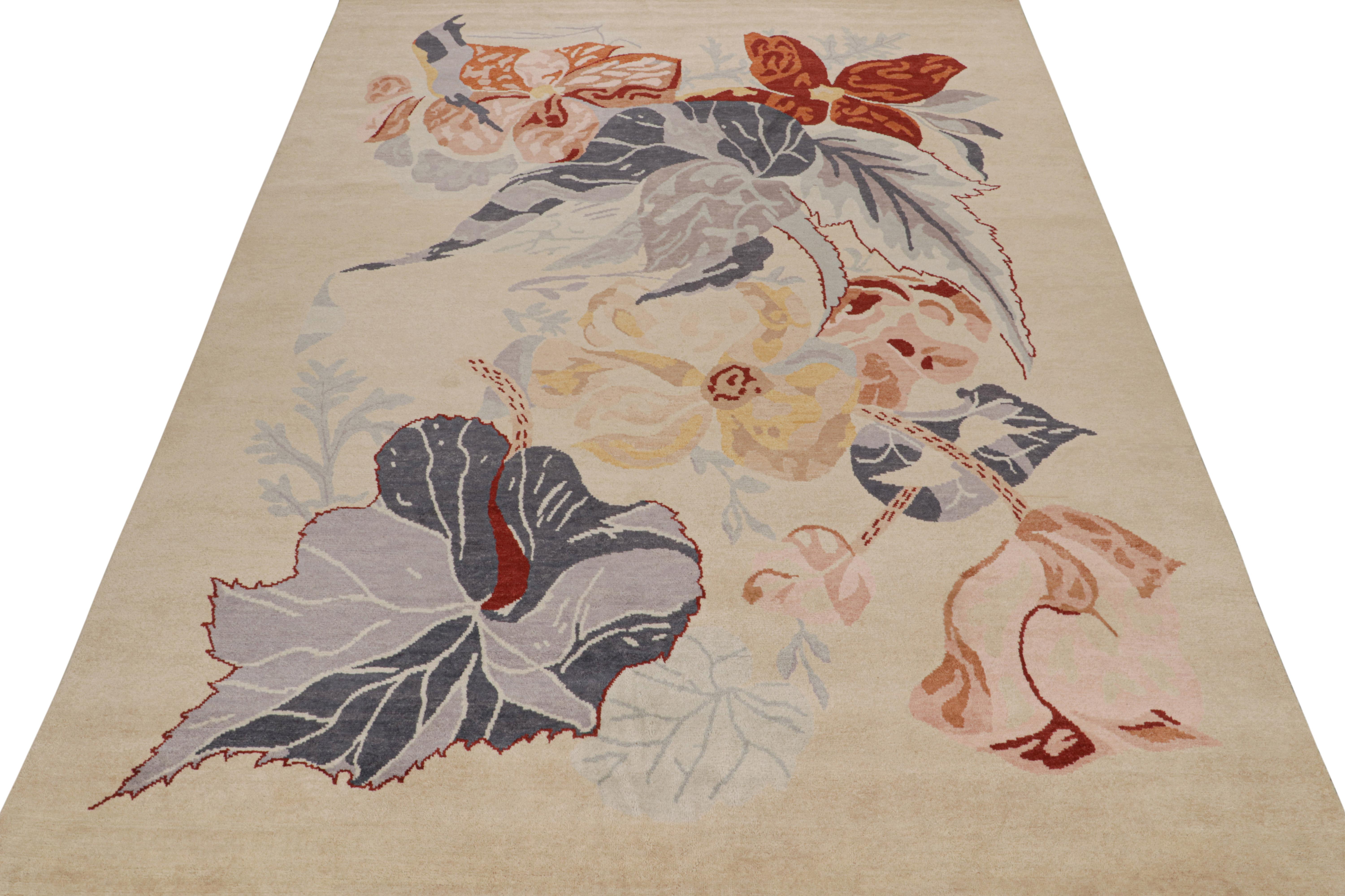 Art déco Rug & Kilim's French Style Art Deco Rug in Beige with Red & Blue Floral Patterns en vente