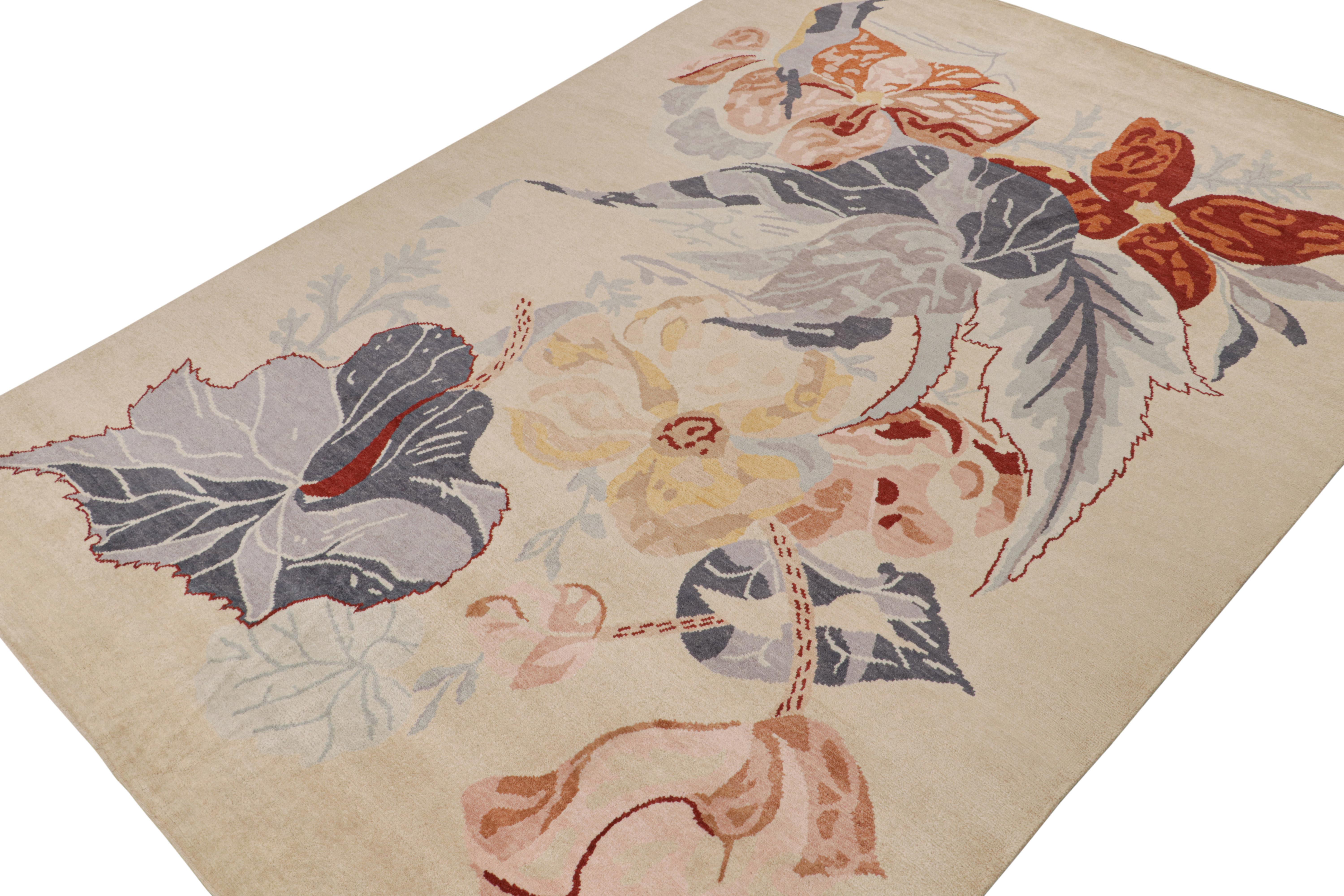 Indien Rug & Kilim's French Style Art Deco Rug in Beige with Red & Blue Floral Patterns en vente