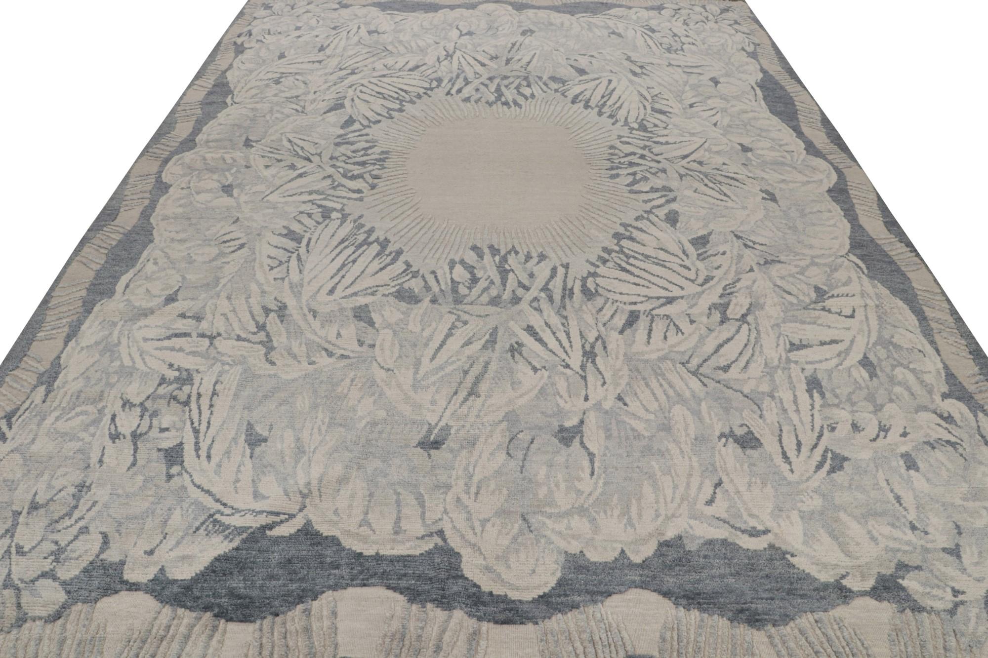 Indian Rug & Kilim’s French Style Art Deco rug in Blue, Grey & Beige Floral Patterns For Sale