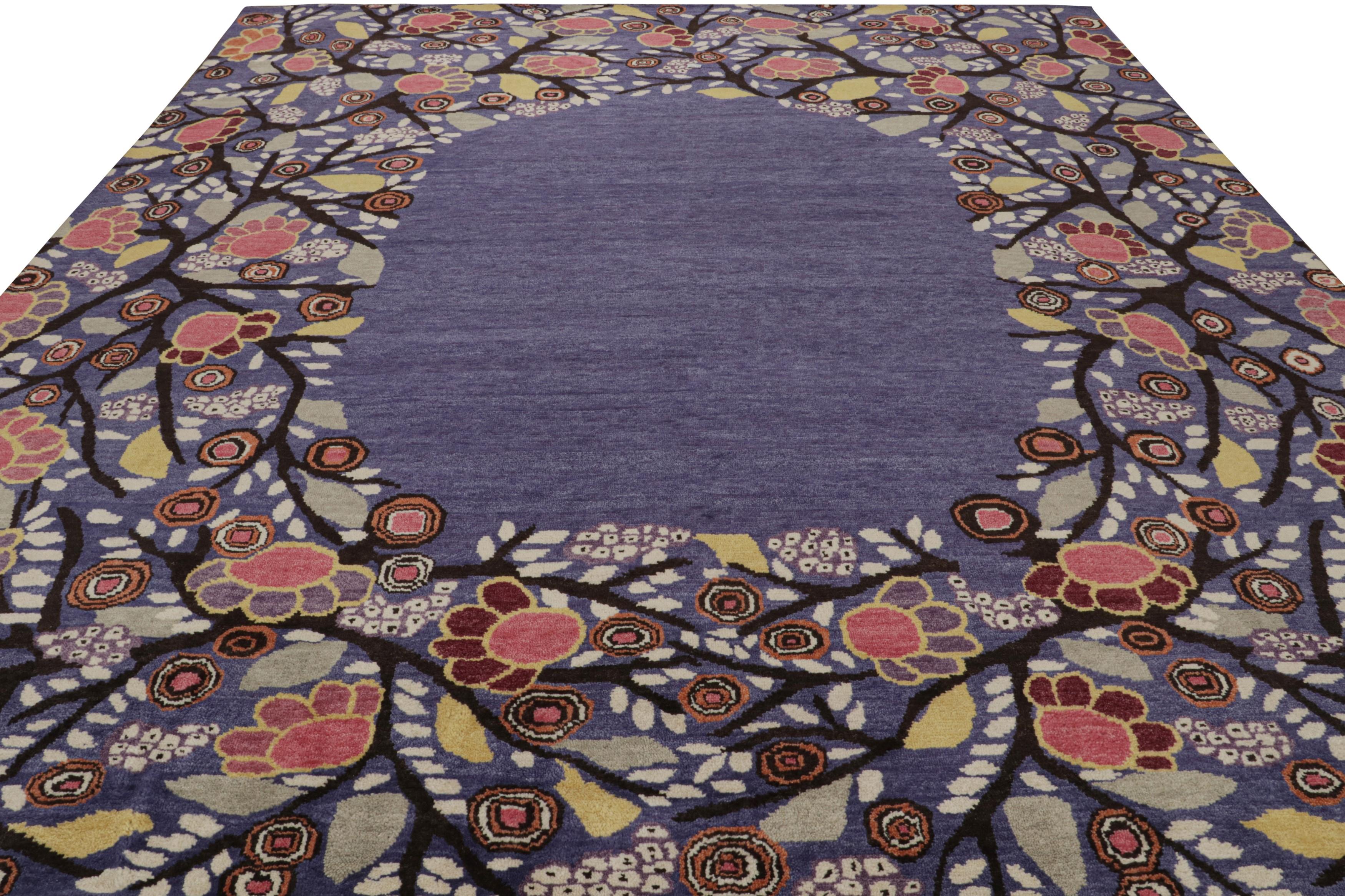 Indian Rug & Kilim’s French Style Art Deco rug in Blue with Floral Patterns Open Field For Sale