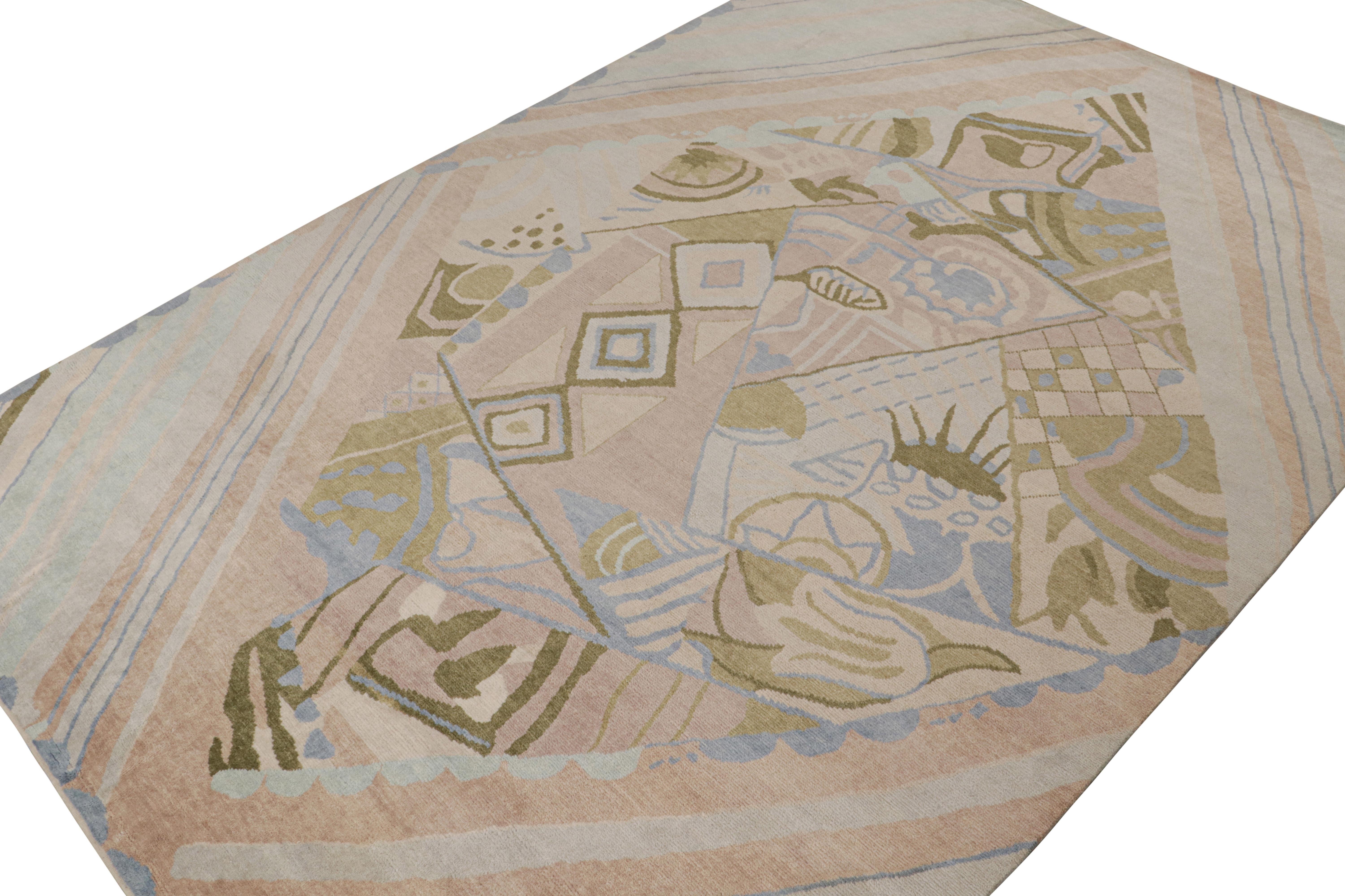 Noué à la main Rug & Kilim's French Style Art Deco rug in Brown, Green & Blue Patterns (tapis de style français Art déco à motifs bruns, verts et bleus) en vente