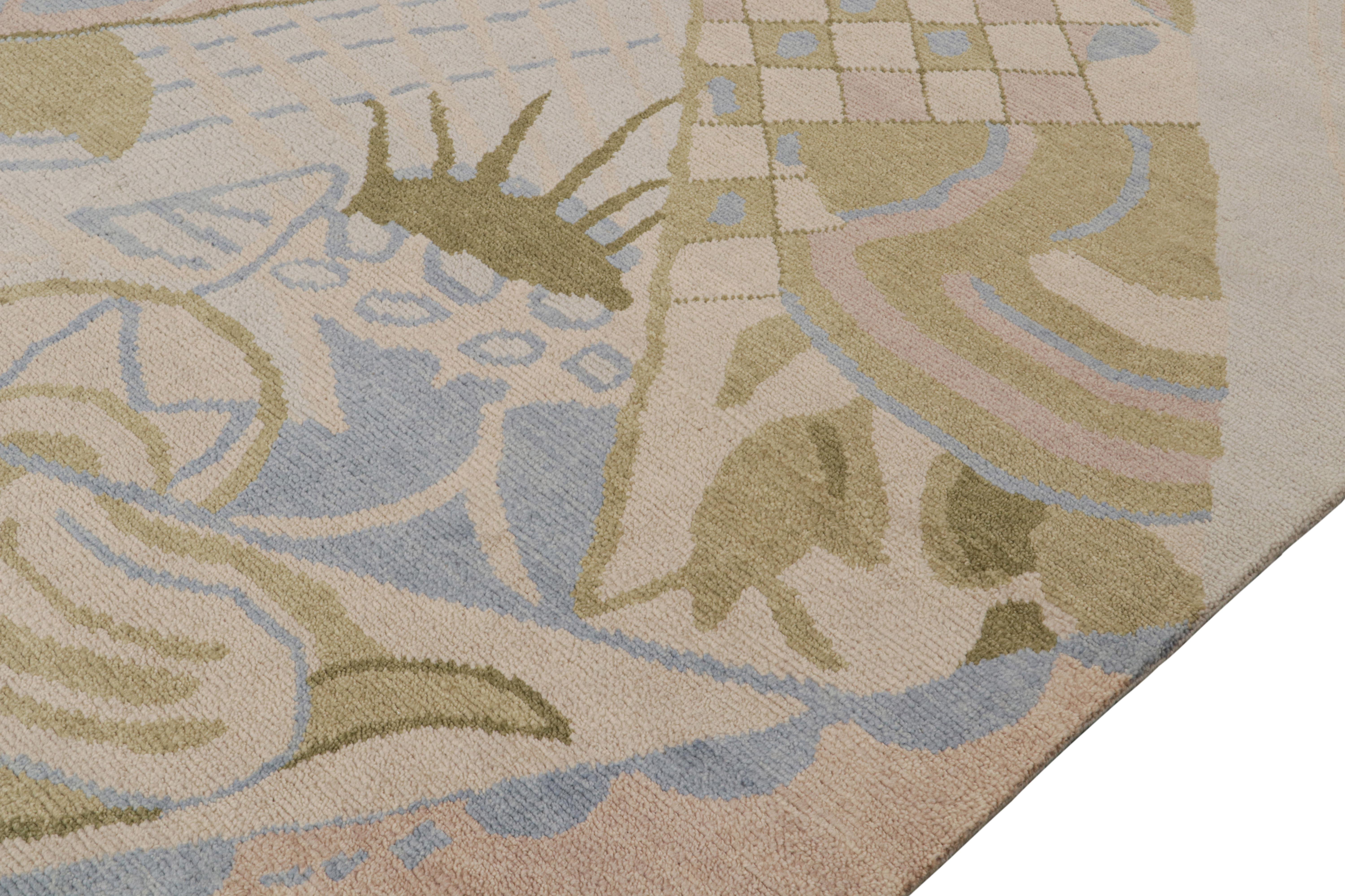 Rug & Kilim’s French Style Art Deco Rug in Brown, Green & Blue Patterns In New Condition For Sale In Long Island City, NY