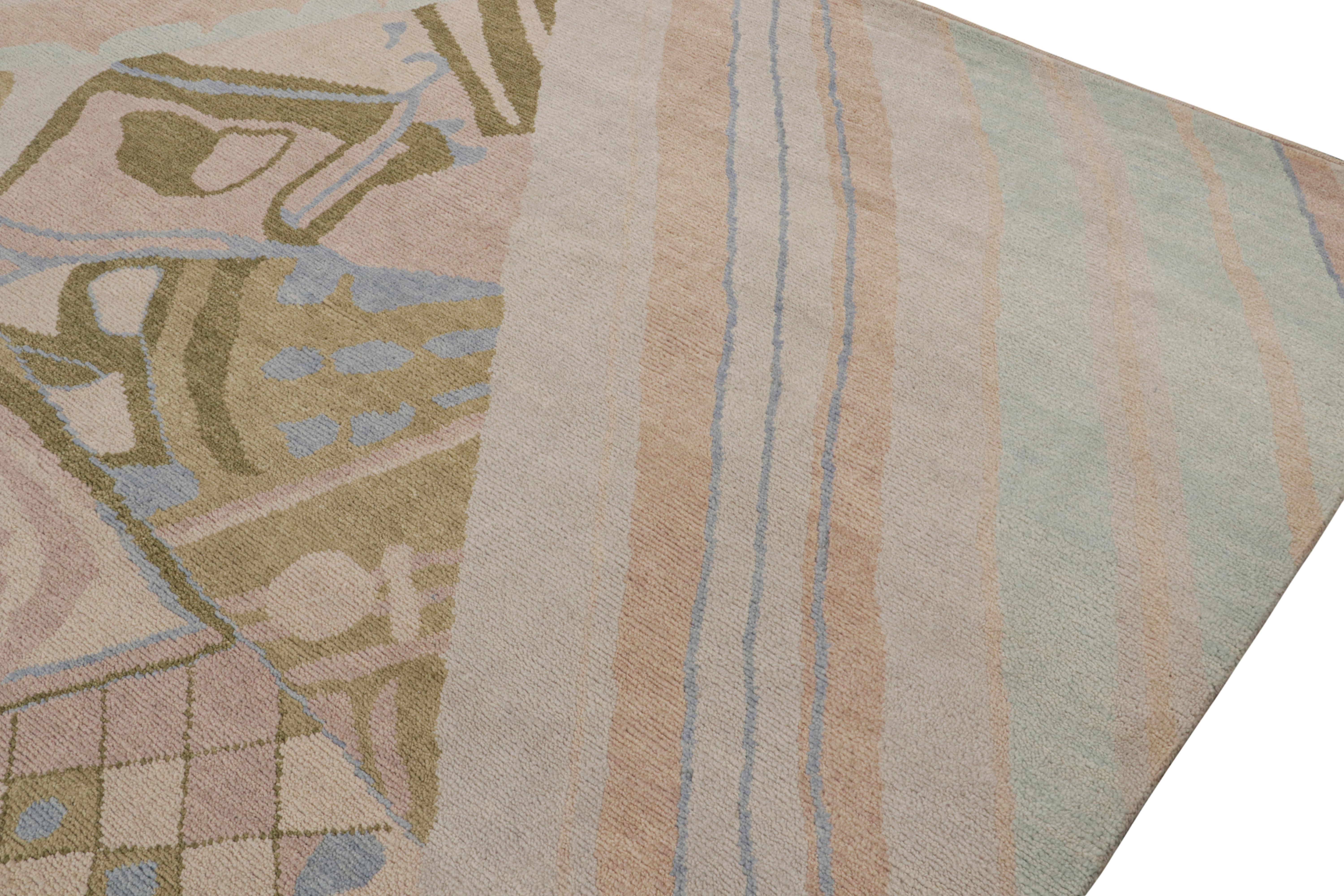 Contemporary Rug & Kilim’s French Style Art Deco Rug in Brown, Green & Blue Patterns For Sale