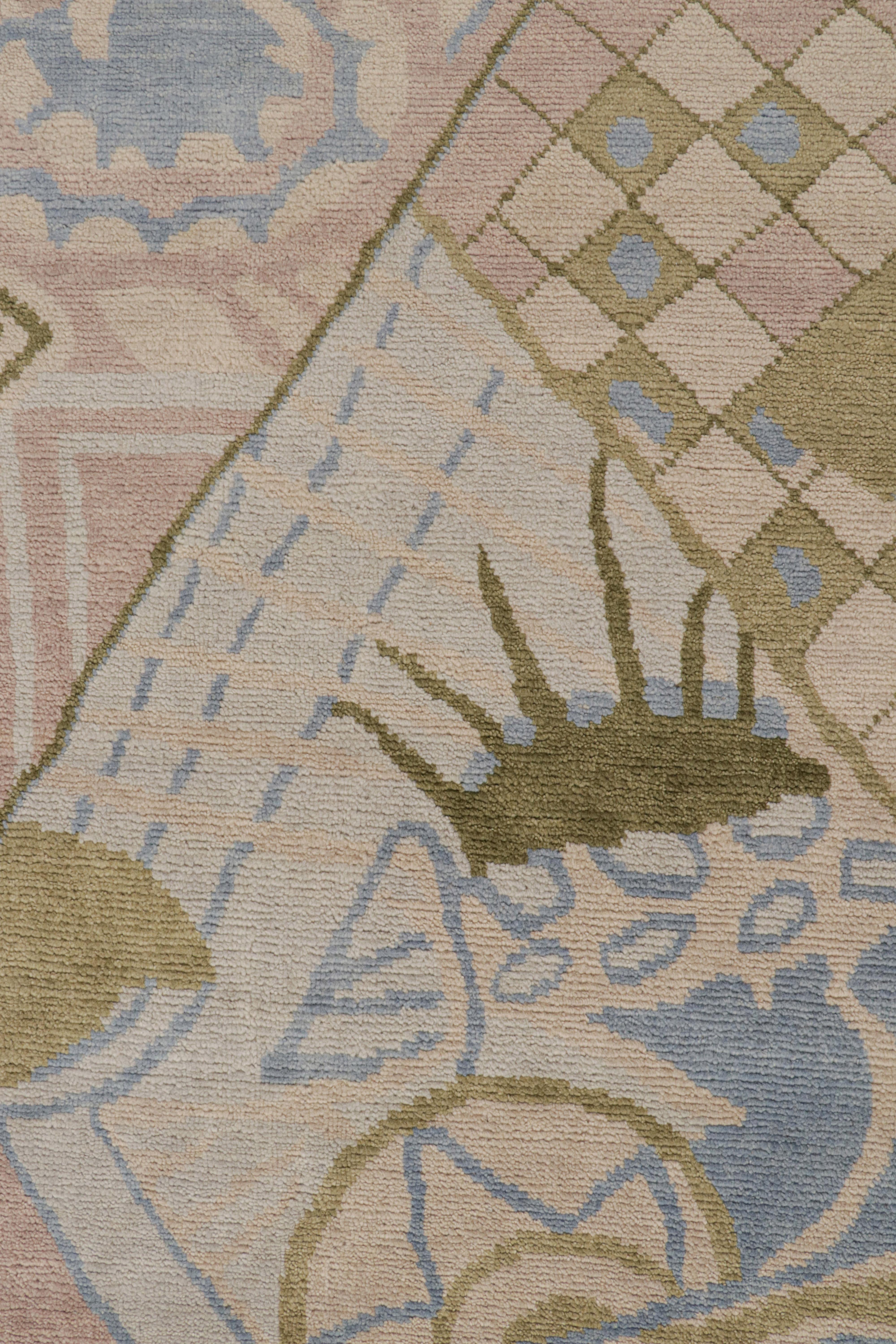 Laine Rug & Kilim's French Style Art Deco rug in Brown, Green & Blue Patterns (tapis de style français Art déco à motifs bruns, verts et bleus) en vente
