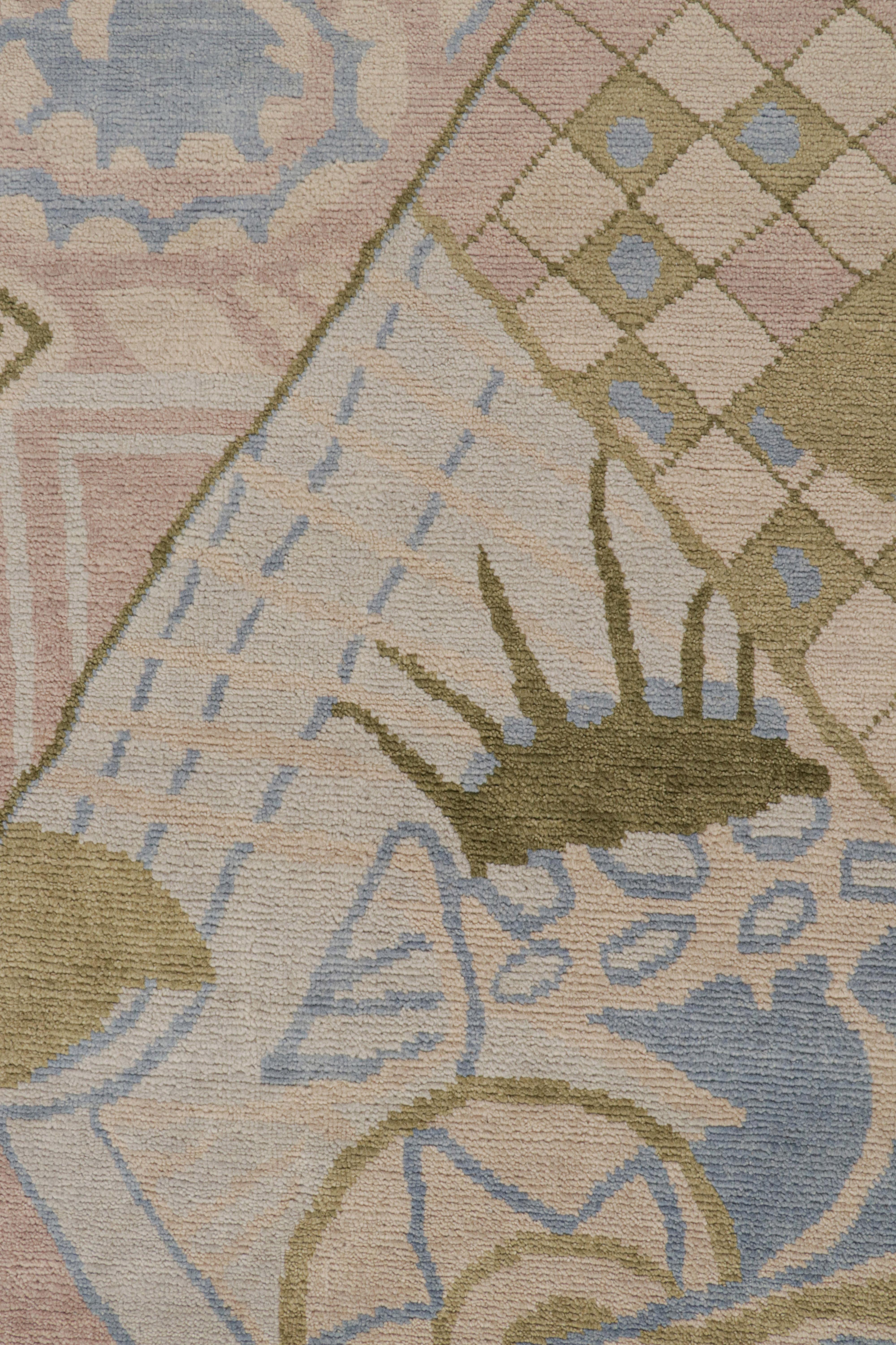 Wool Rug & Kilim’s French Style Art Deco Rug in Brown, Green & Blue Patterns For Sale