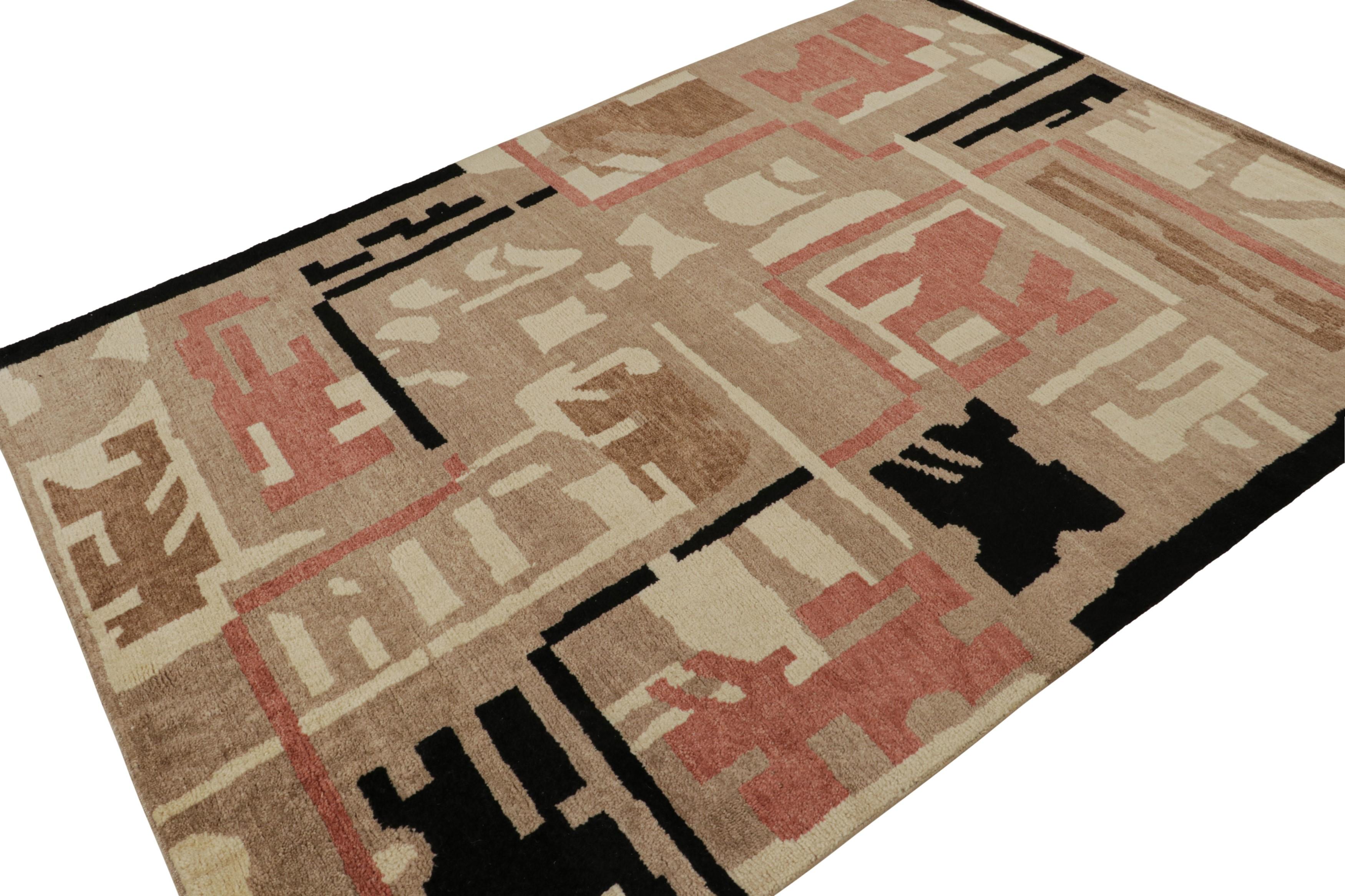 This 6x8 ode to French Art Deco rugs is the next addition to Rug & Kilim’s newly inspired Deco Collection. Hand-knotted in wool.

Further on the Design:  

This piece boasts the Deco style of the 1920s with geometric patterns in brown, red, white &