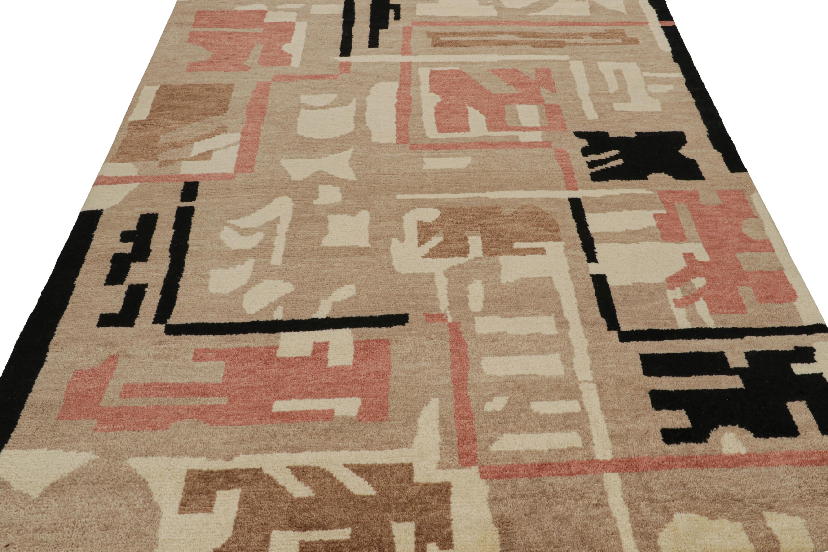 Art Déco Tappeto Rug & Kilim in stile Art Deco francese con motivi marroni, rossi, bianchi e neri in vendita