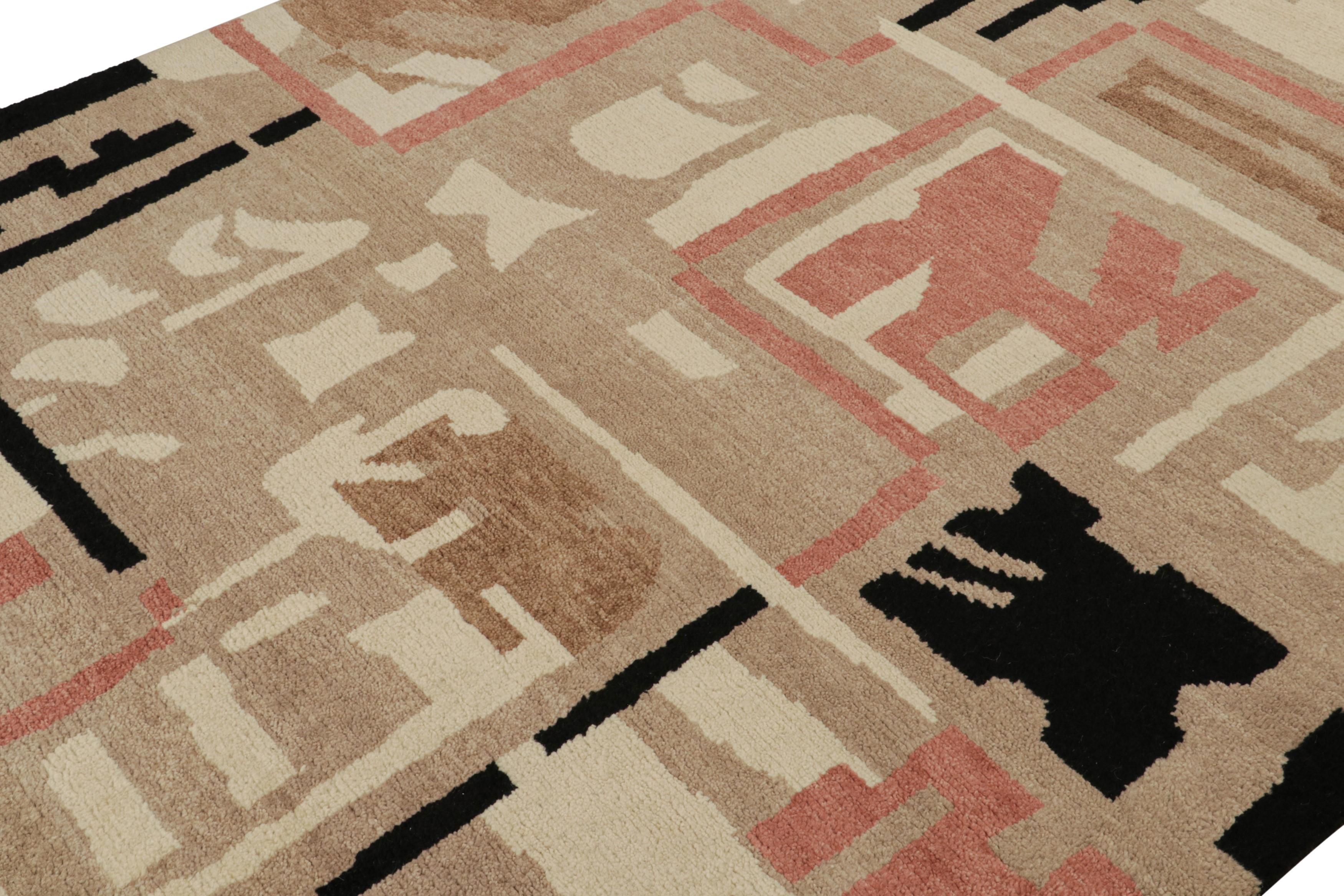 Indiano Tappeto Rug & Kilim in stile Art Deco francese con motivi marroni, rossi, bianchi e neri in vendita
