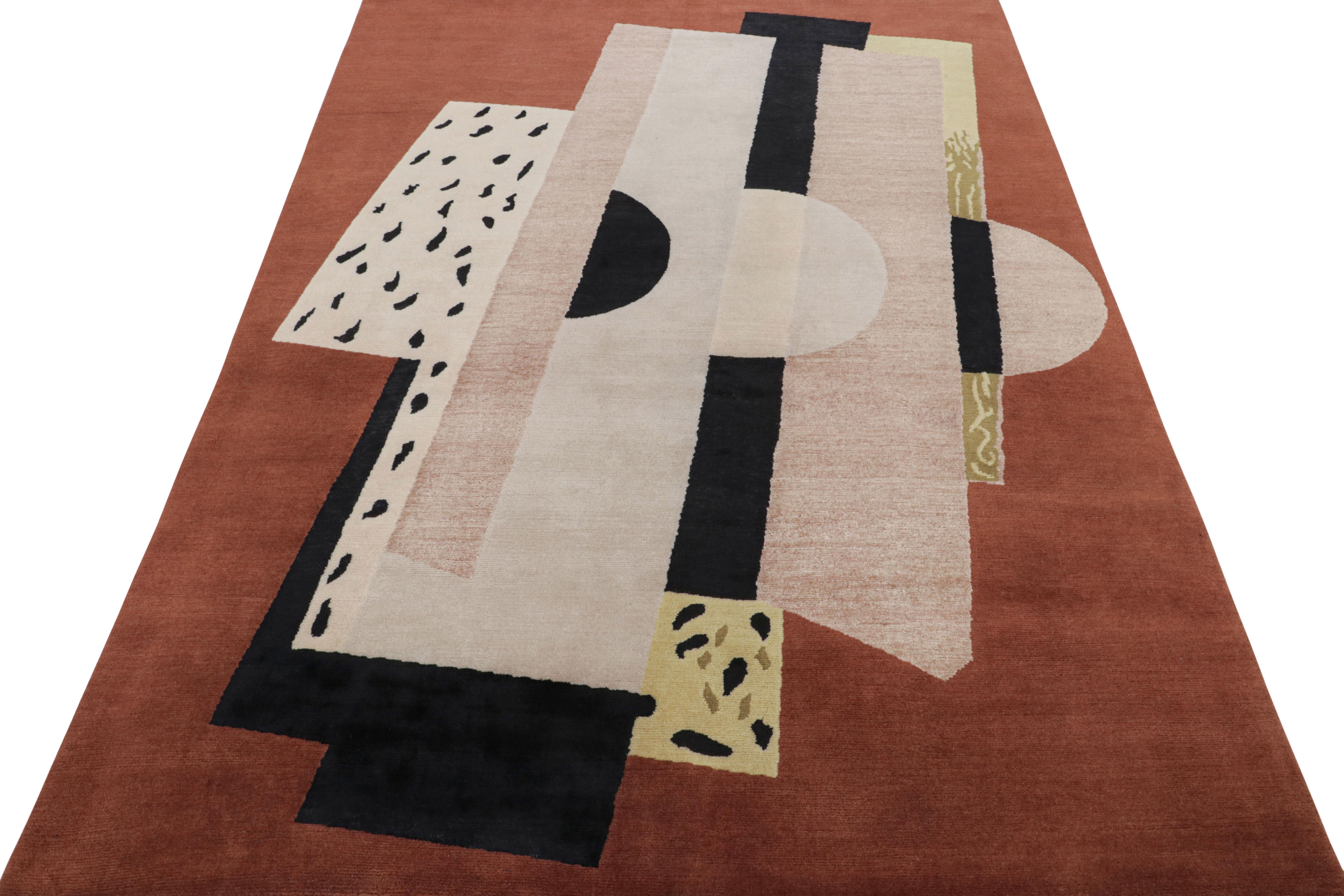 Indian Rug & Kilim’s French Style Art Deco Rug In Brown With Geometric Patterns For Sale