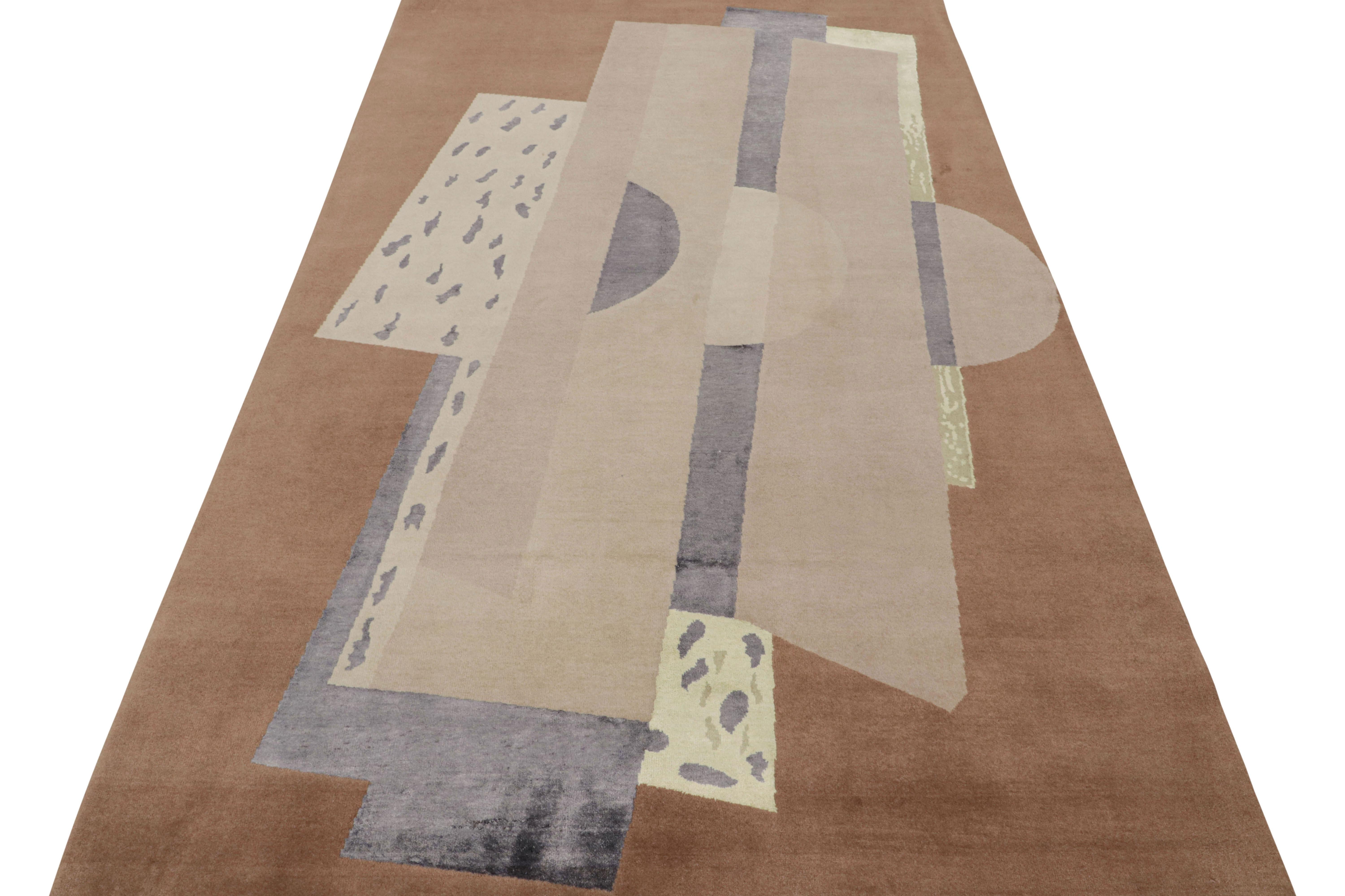 Mid-Century Modern Rug & Kilim’s French Style Art Deco Rug In Brown With Geometric Patterns For Sale