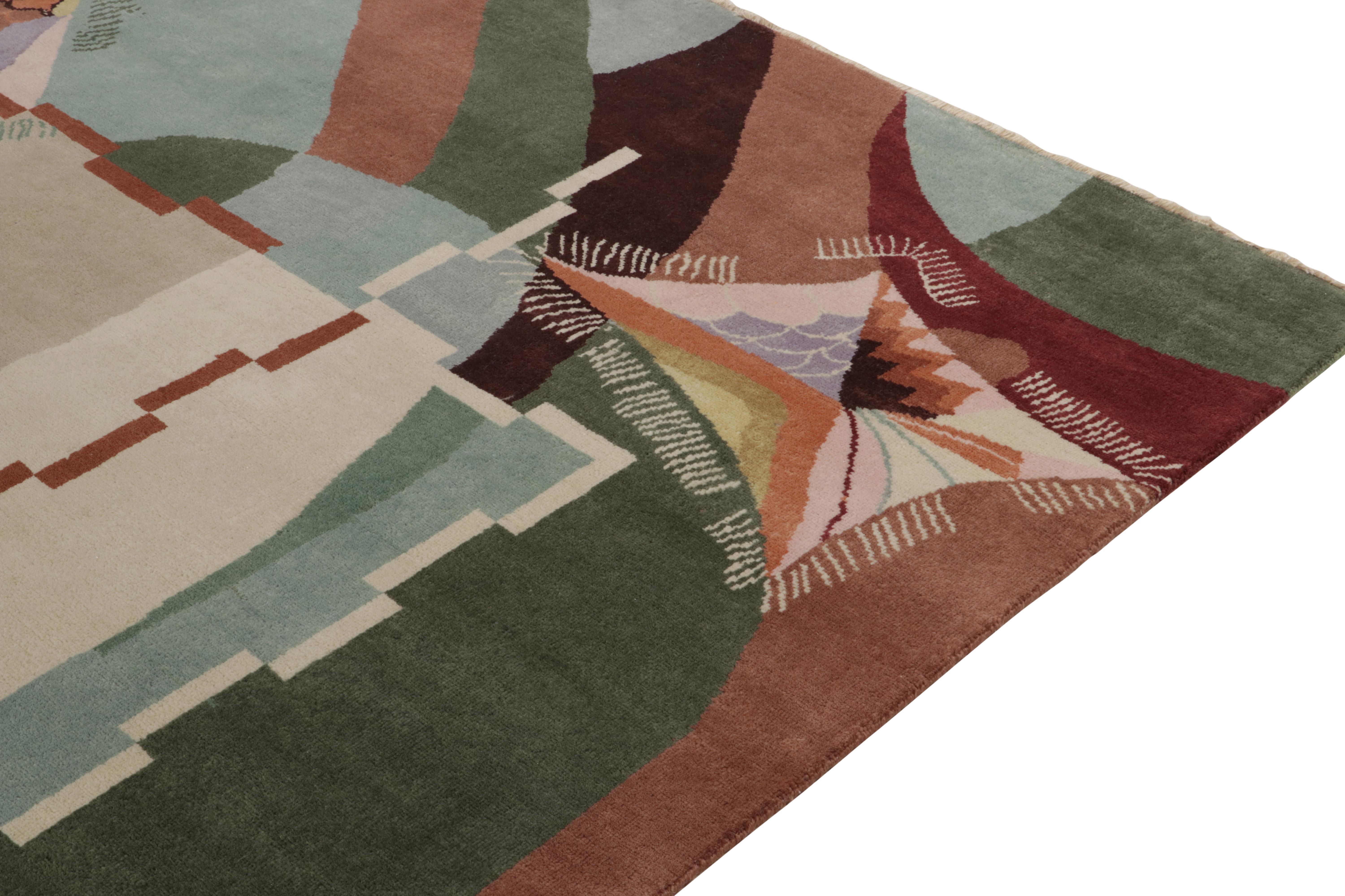 Noué à la main Tapis & Kilims - Tapis Art Déco de style français à motifs verts, bleus et bruns en vente