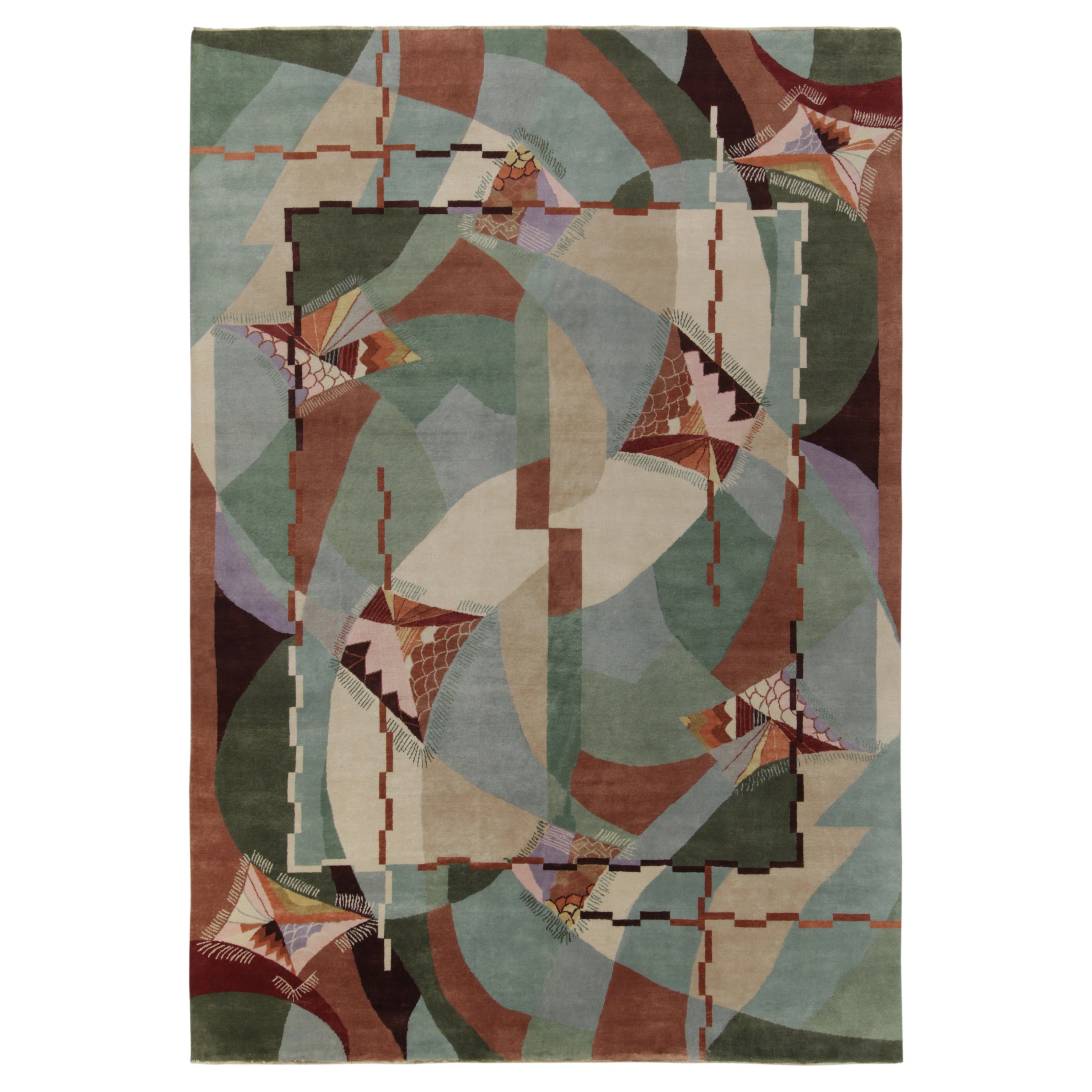 Tappeto Rug & Kilim in stile Art Deco francese con motivi in verde, blu e marrone in vendita