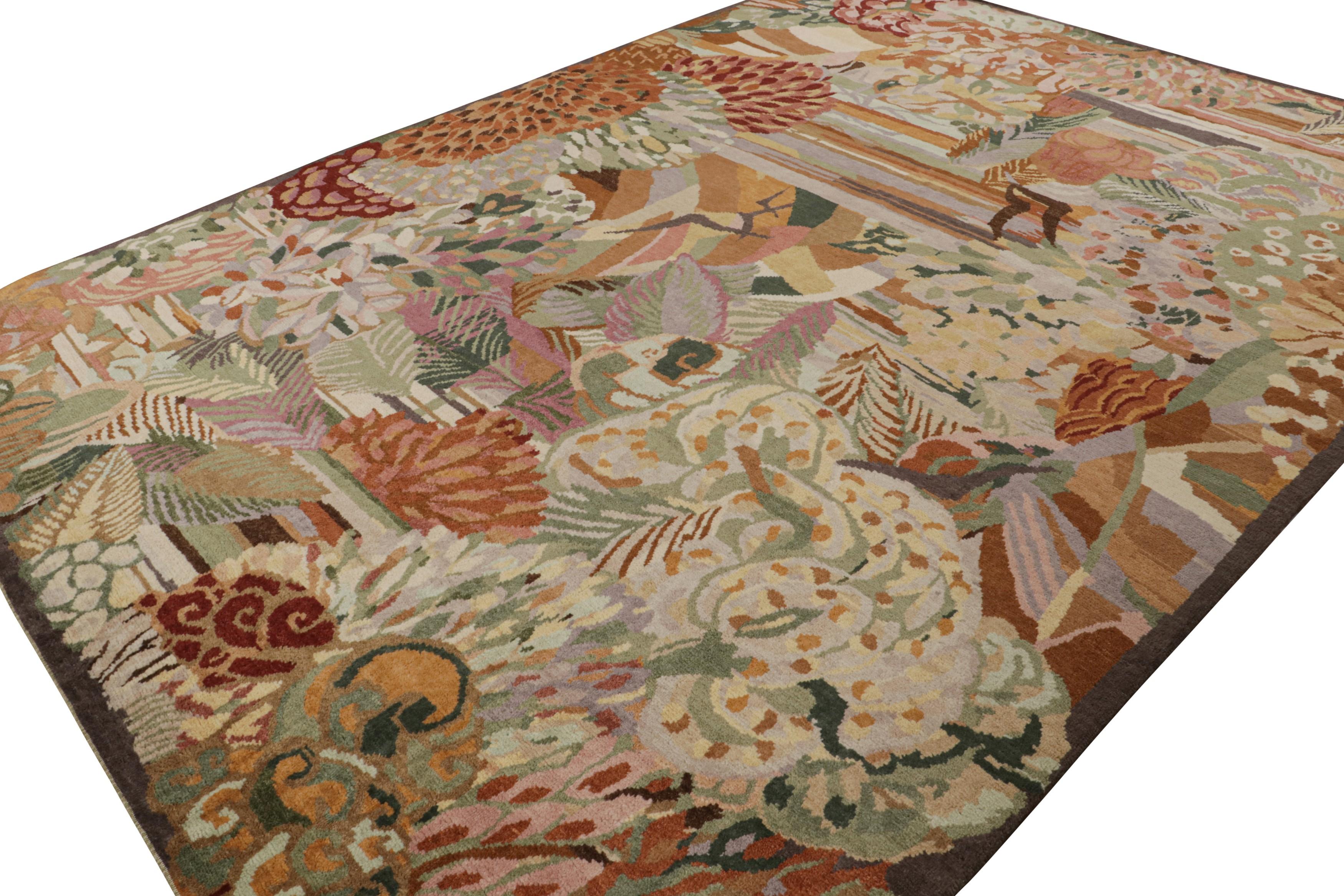 Cette ode 10x14 aux tapis Art déco français est le prochain ajout à la nouvelle collection Deco de Rug & Kilim. Noué à la main en laine.

Sur le Design :  

Cette pièce arbore le style déco des années 1920 avec des fleurs polychromes luxuriantes