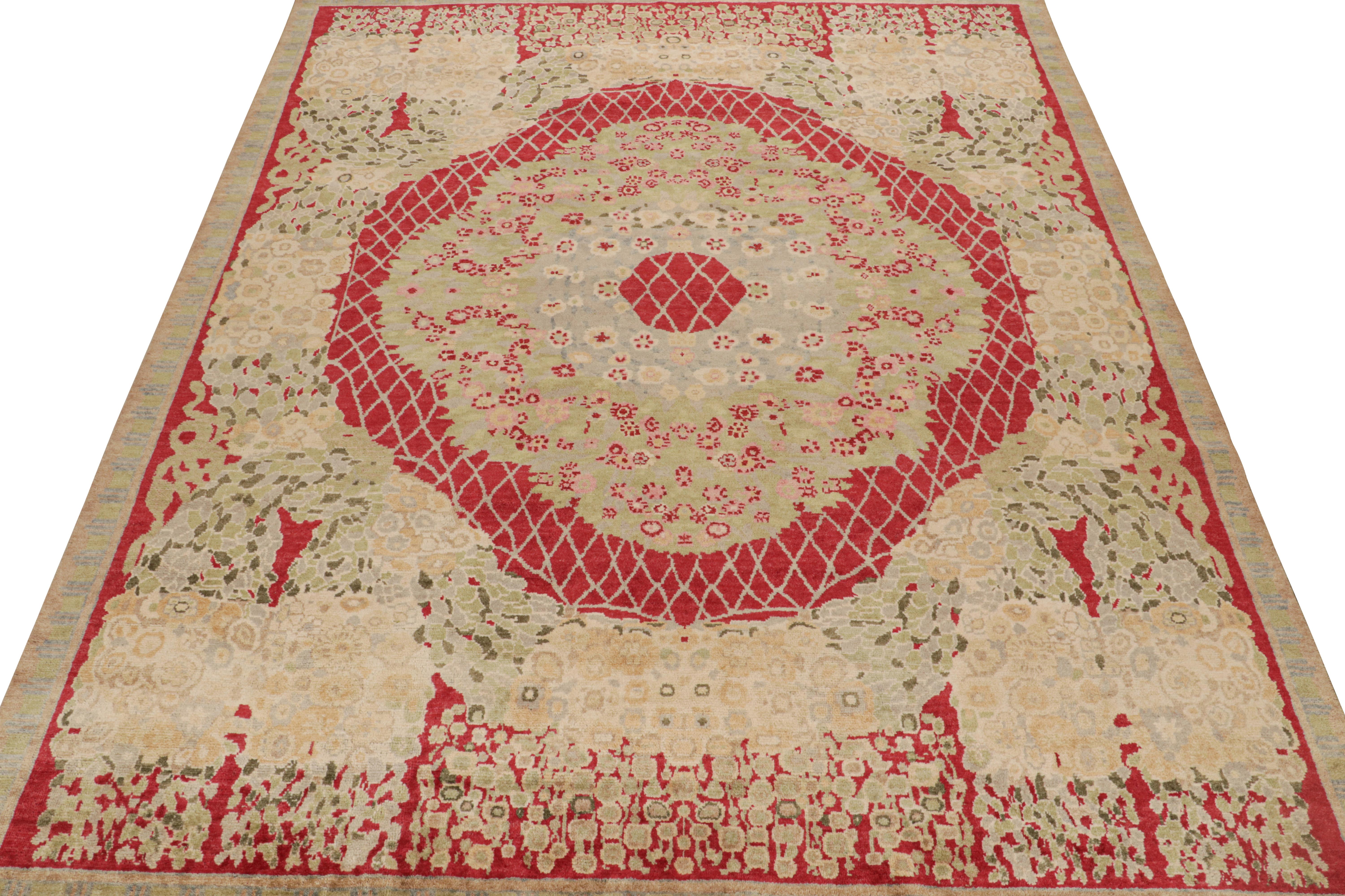 Indian Rug & Kilim’s French Style Art Deco Rug in Red, Green, Gold & Blue Patterns For Sale