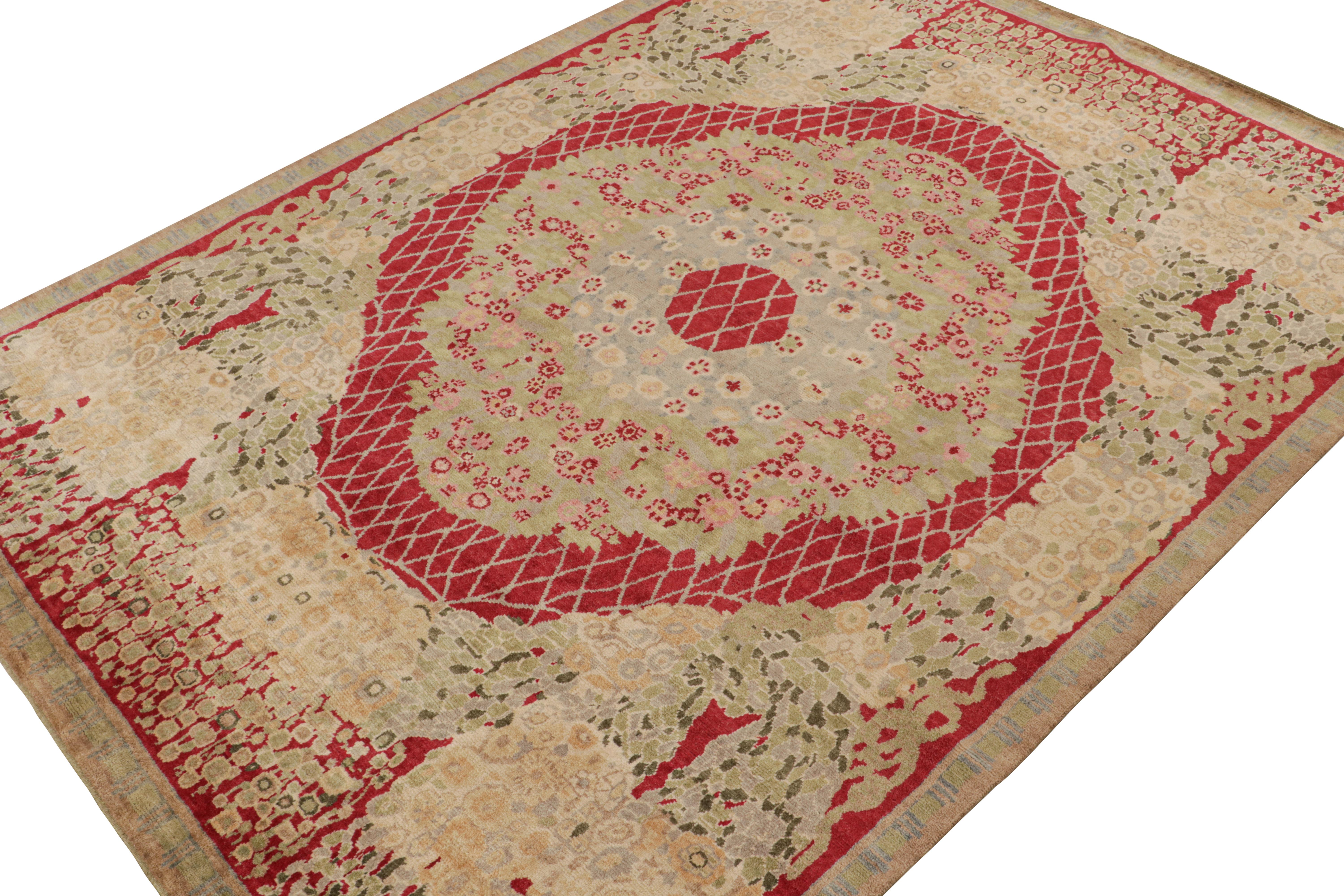 Hand-Knotted Rug & Kilim’s French Style Art Deco Rug in Red, Green, Gold & Blue Patterns For Sale