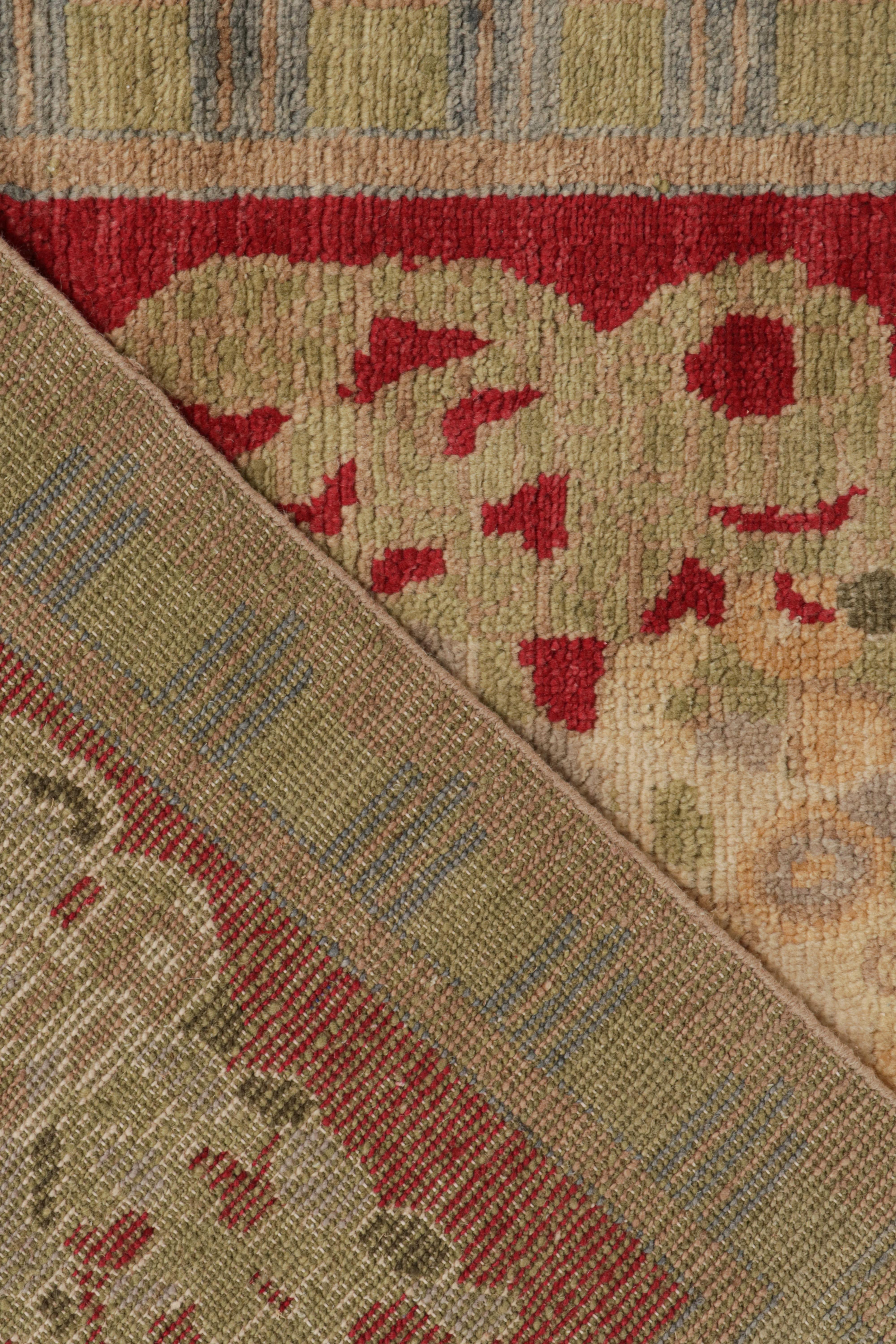 Wool Rug & Kilim’s French Style Art Deco Rug in Red, Green, Gold & Blue Patterns For Sale