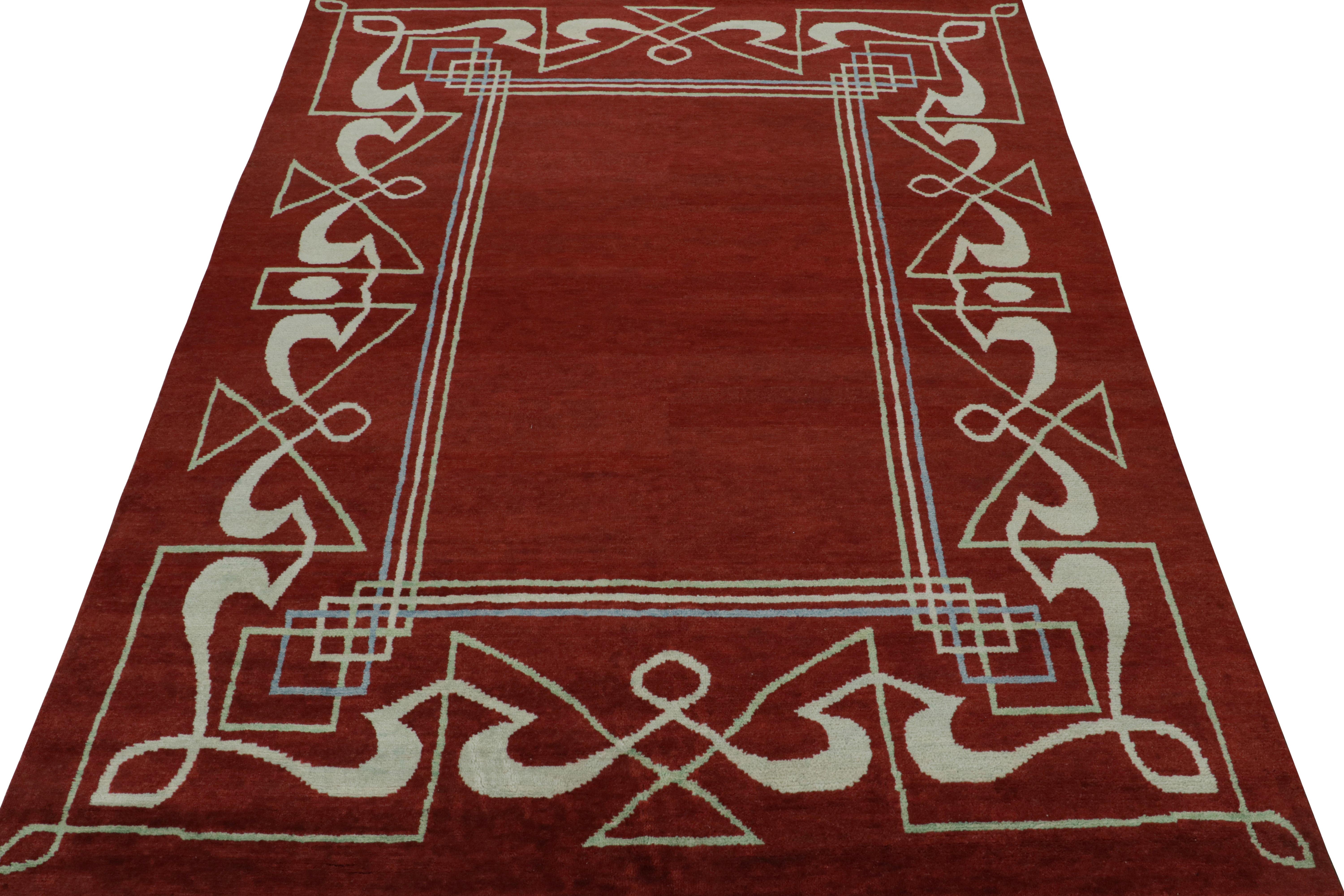 Indian Rug & Kilim’s French Style Art Deco Rug in Red & White Geometric Patterns For Sale