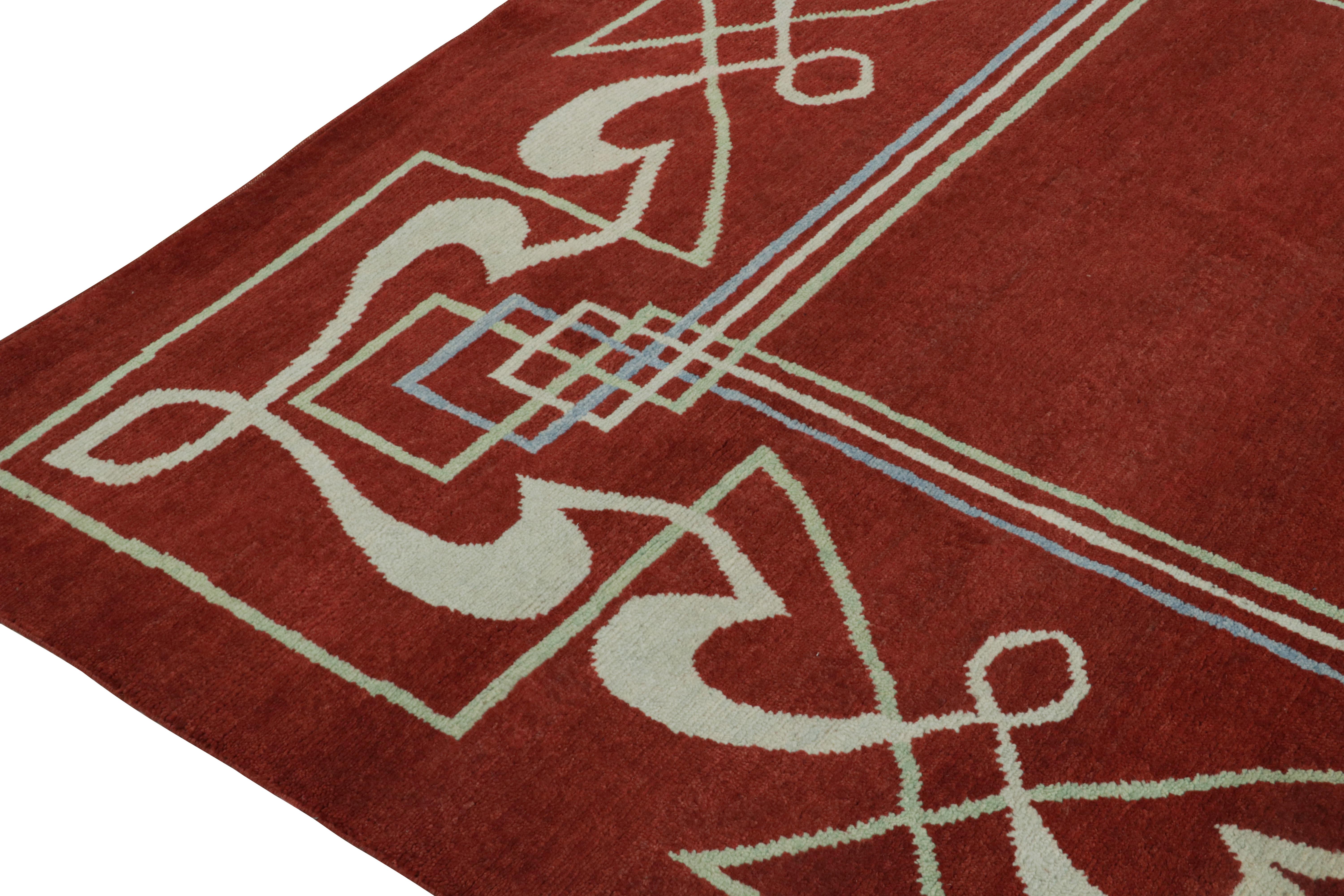 Annodato a mano Tappeto Rug & Kilim in stile Art Deco francese con motivi geometrici bianchi e rossi in vendita