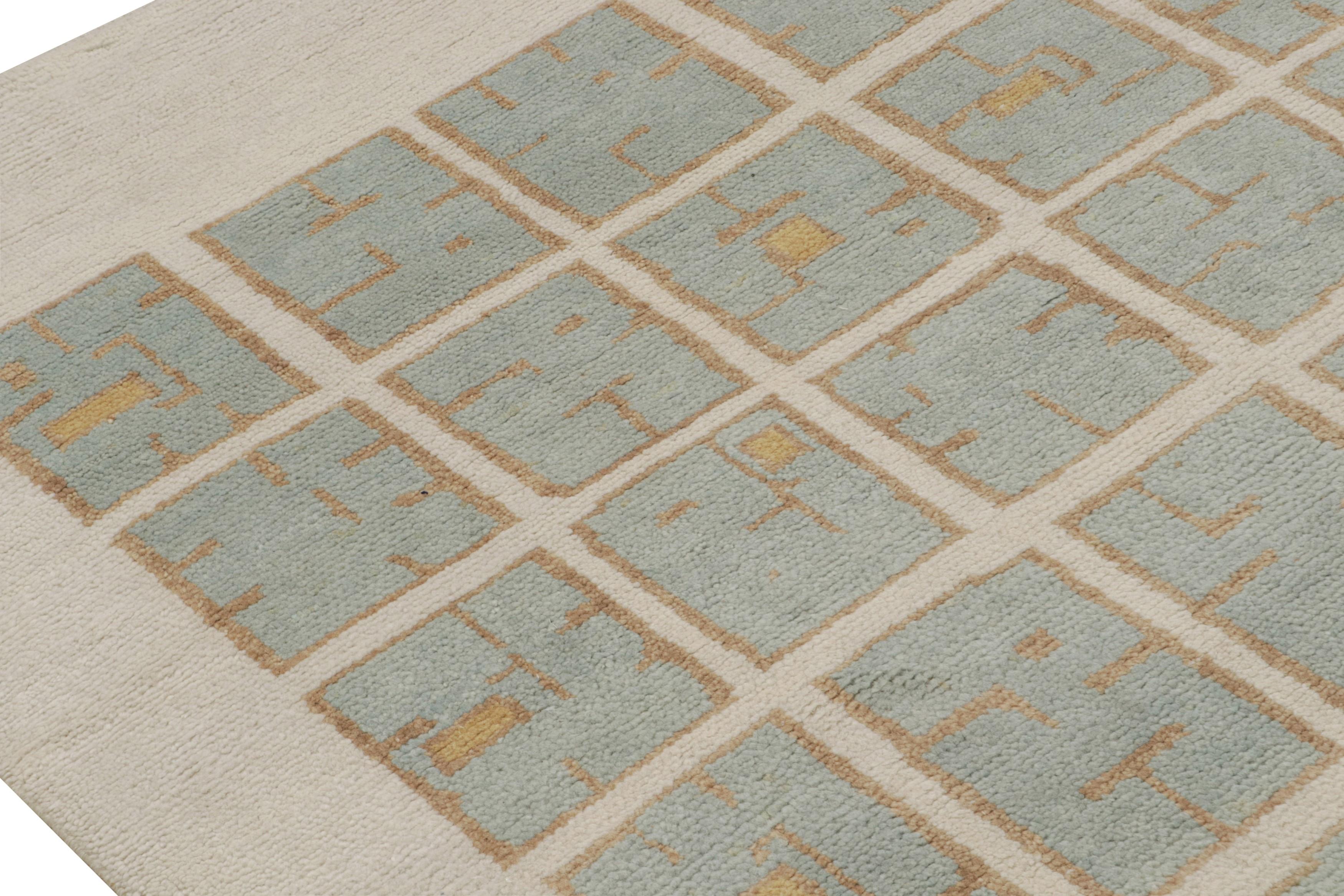 Rug & Kilim’s French Style Art Deco rug with White & Blue Geometric Patterns In New Condition For Sale In Long Island City, NY