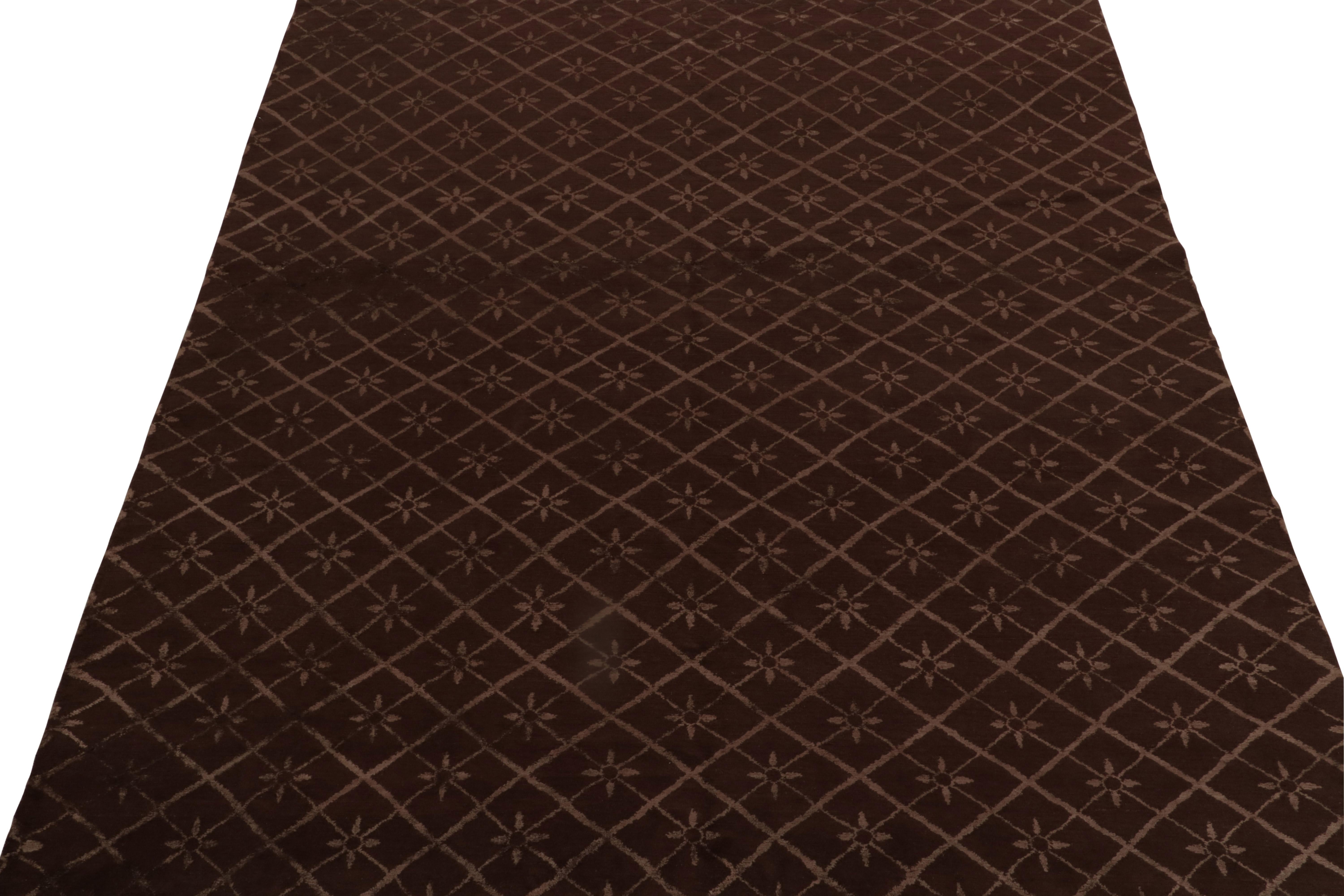 Nepalese Rug & Kilim’s French Style Rug in Brown with Lattices, Geometric Patterns For Sale