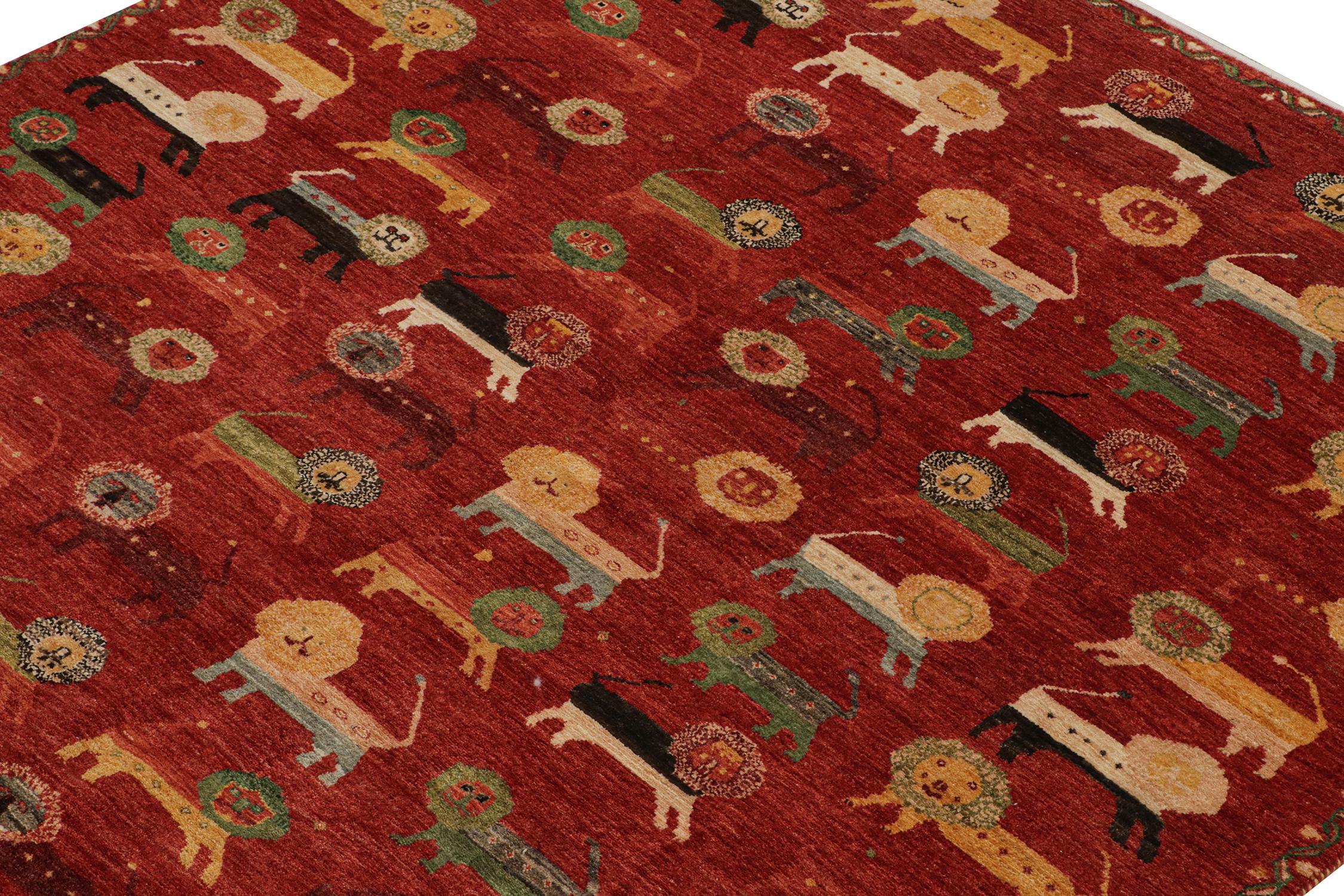 Rug & Kilim's Gabbeh Style Teppich in Rot mit bunten Löwenbildern - 10x10 (Pakistanisch) im Angebot