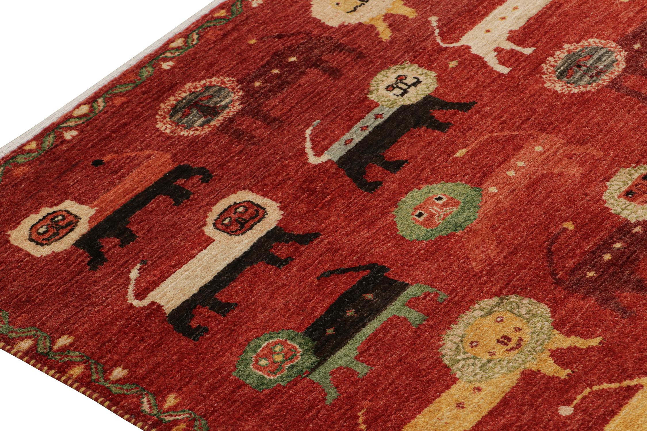 Rug & Kilim's Gabbeh Style Teppich in Rot mit bunten Löwenbildern - 10x10 (Handgeknüpft) im Angebot
