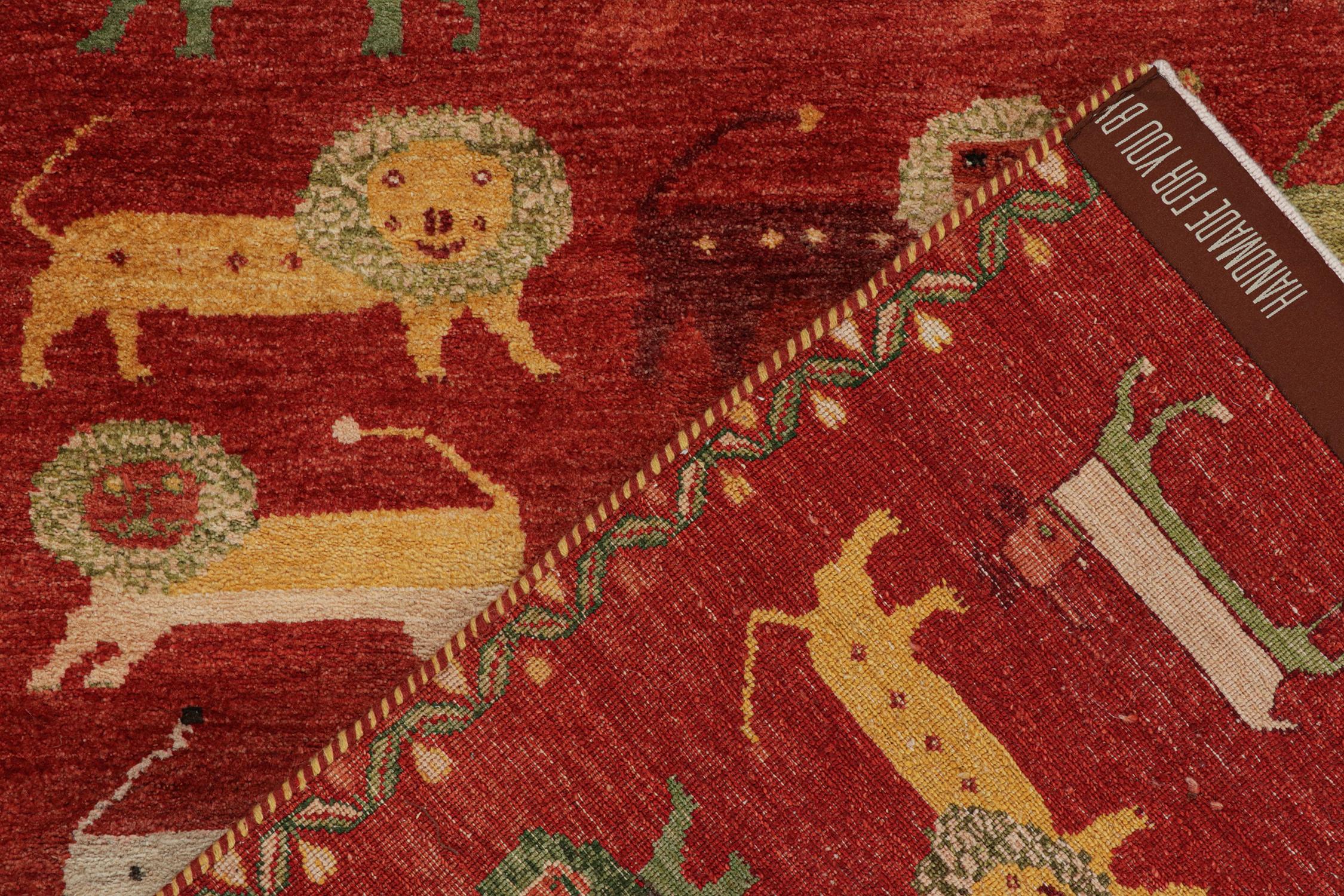 Rug & Kilim's Gabbeh Style Teppich in Rot mit bunten Löwenbildern - 10x10 (21. Jahrhundert und zeitgenössisch) im Angebot