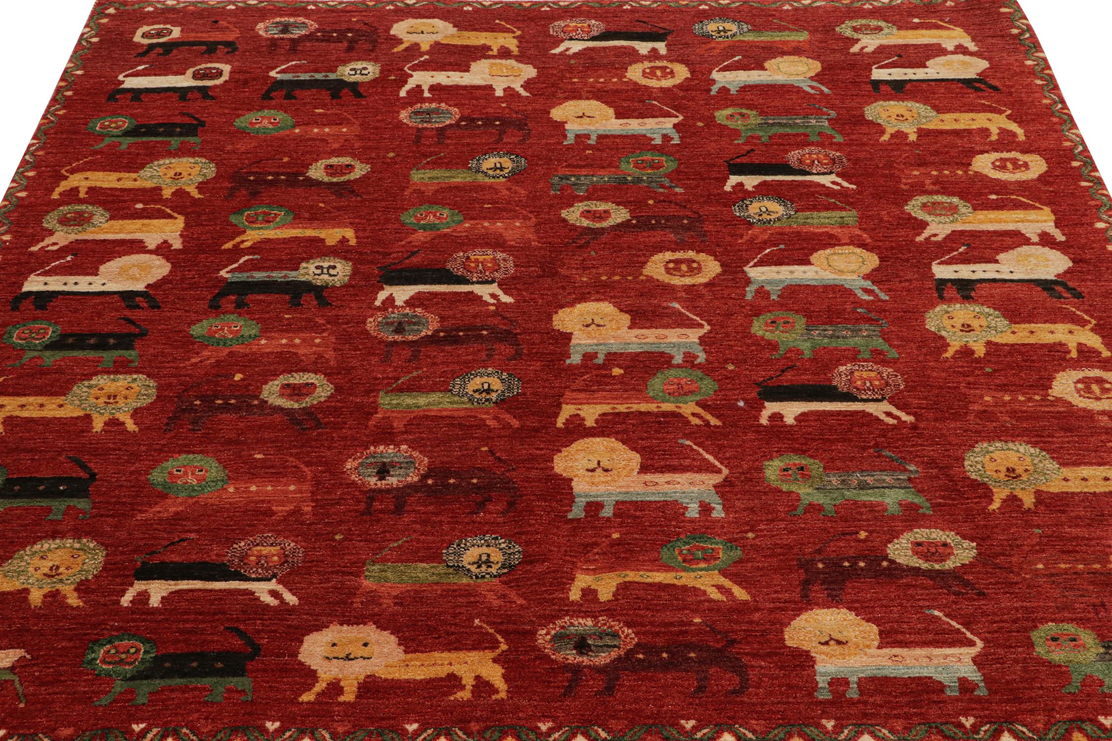 Tribal Rug & Kilim’s Gabbeh Style Rug in Red with Colorful Lion Pictorials For Sale
