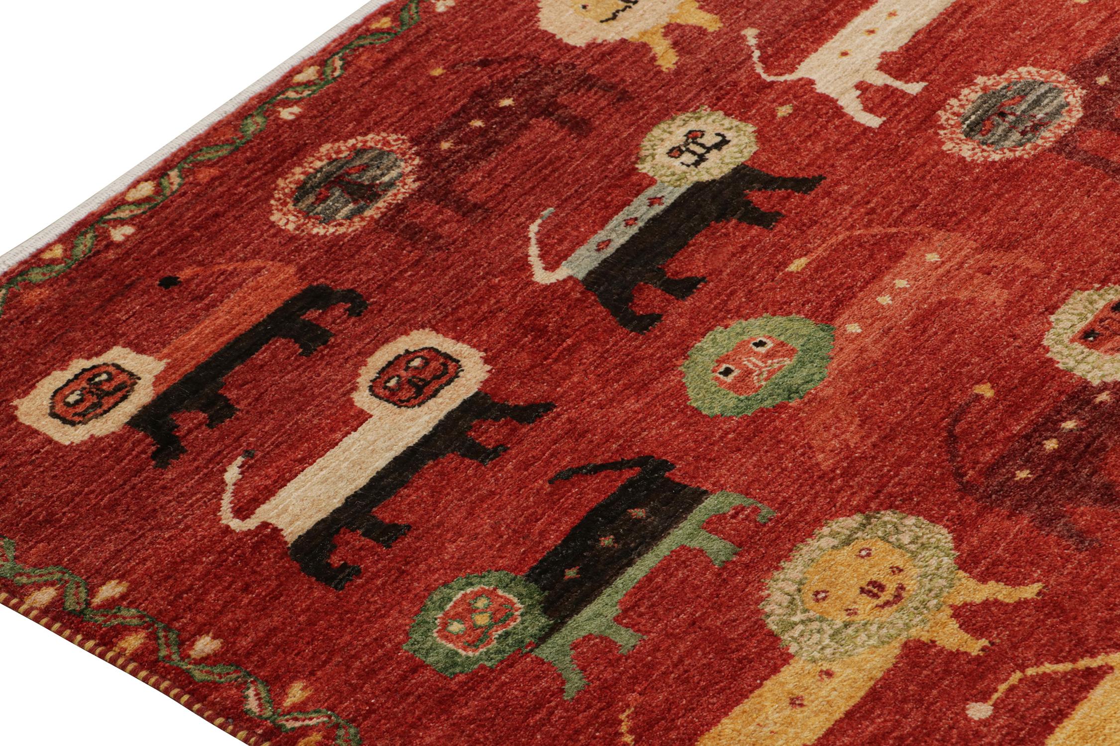 Hand-Knotted Rug & Kilim’s Gabbeh Style Rug in Red with Colorful Lion Pictorials For Sale