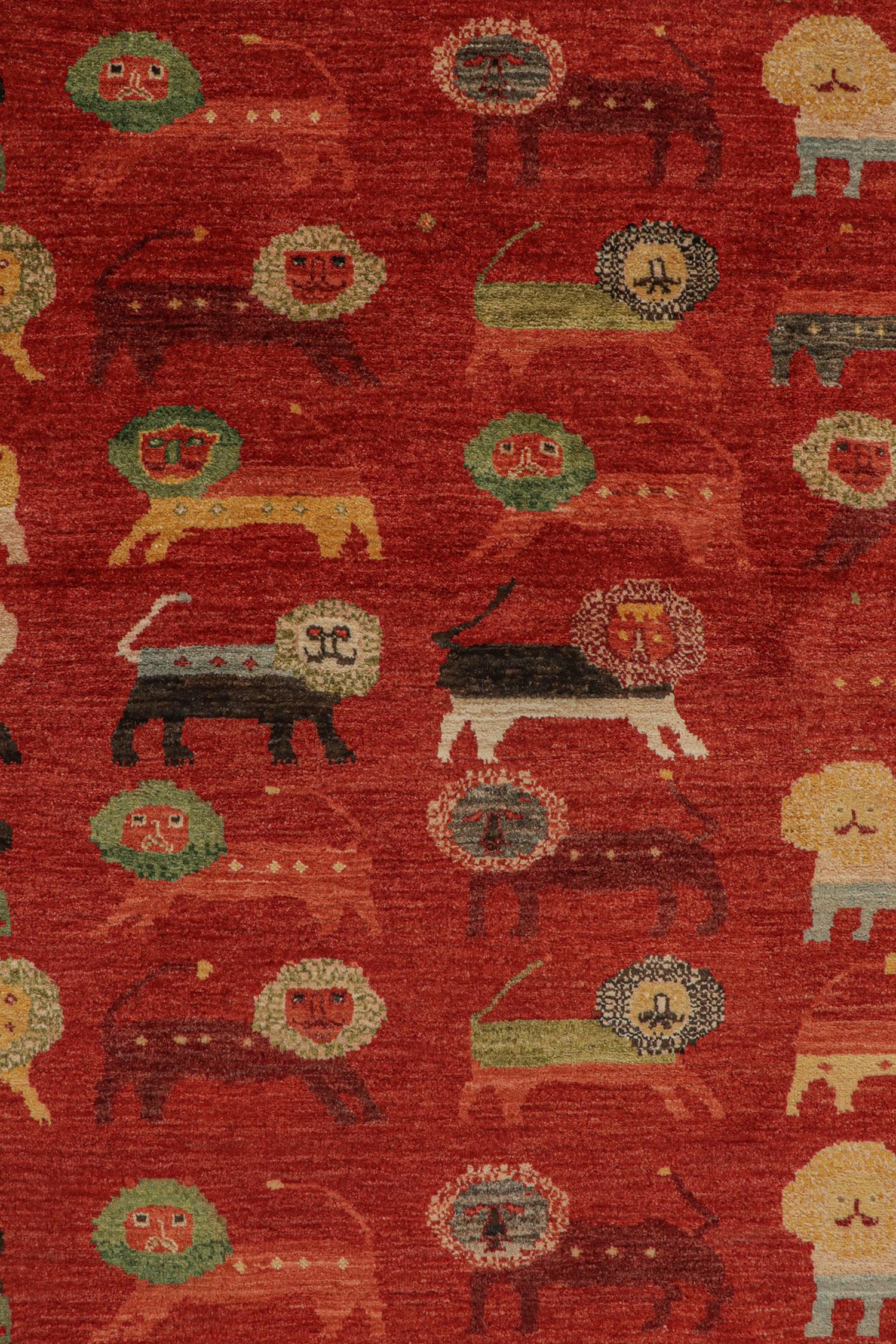 Rug & Kilim’s Gabbeh Style Rug in Red with Colorful Lion Pictorials In New Condition For Sale In Long Island City, NY