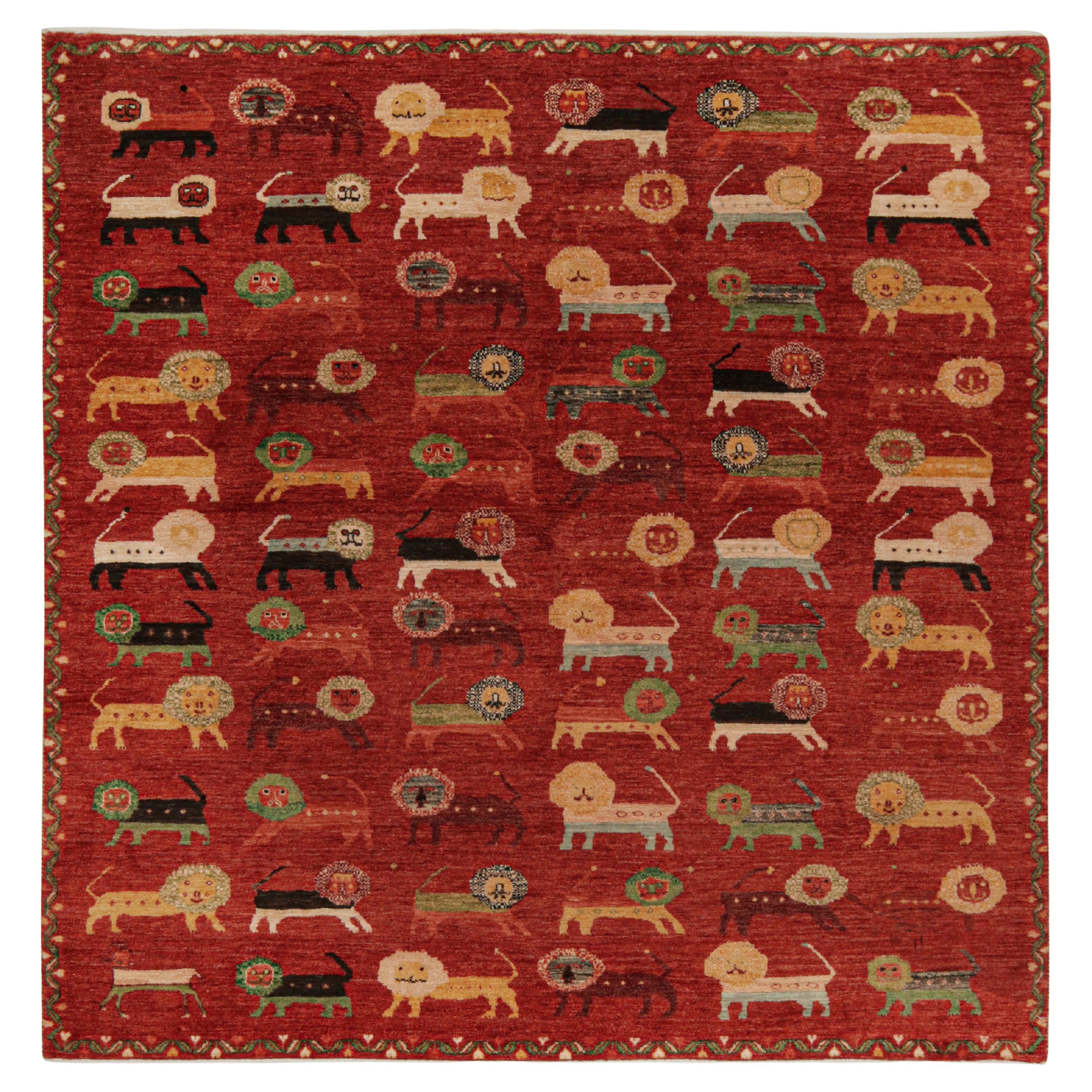 Rug & Kilim’s Gabbeh Style Rug in Red with Colorful Lion Pictorials For Sale