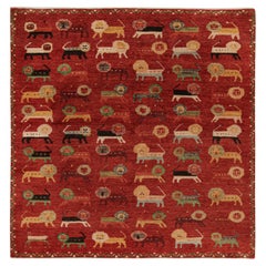 Antique Rug & Kilim’s Gabbeh Style Rug in Red with Colorful Lion Pictorials