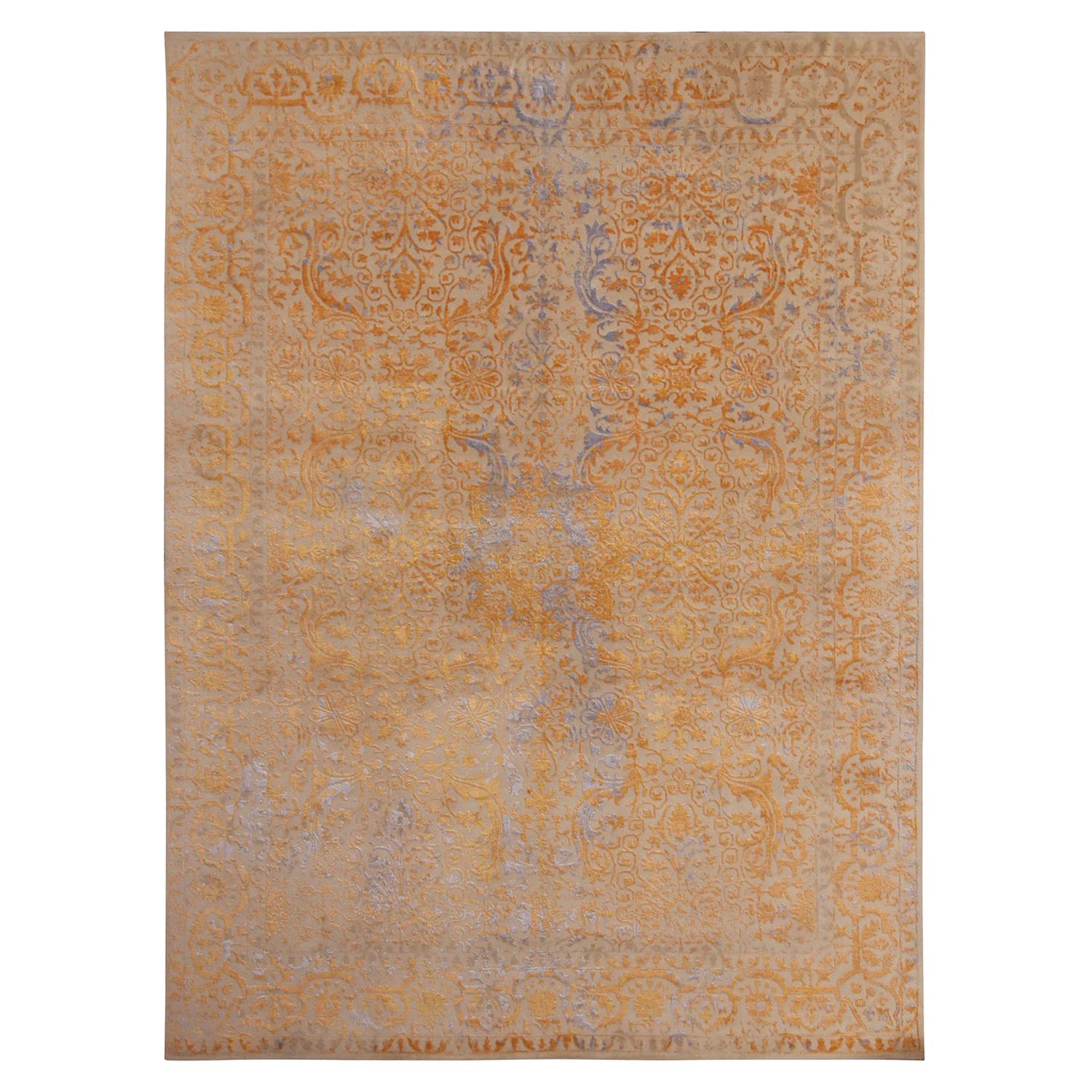 Teppich & Kilims Geometrischer, geblümter Teppich in Beige, Gold und Blau aus Wolle und Seide